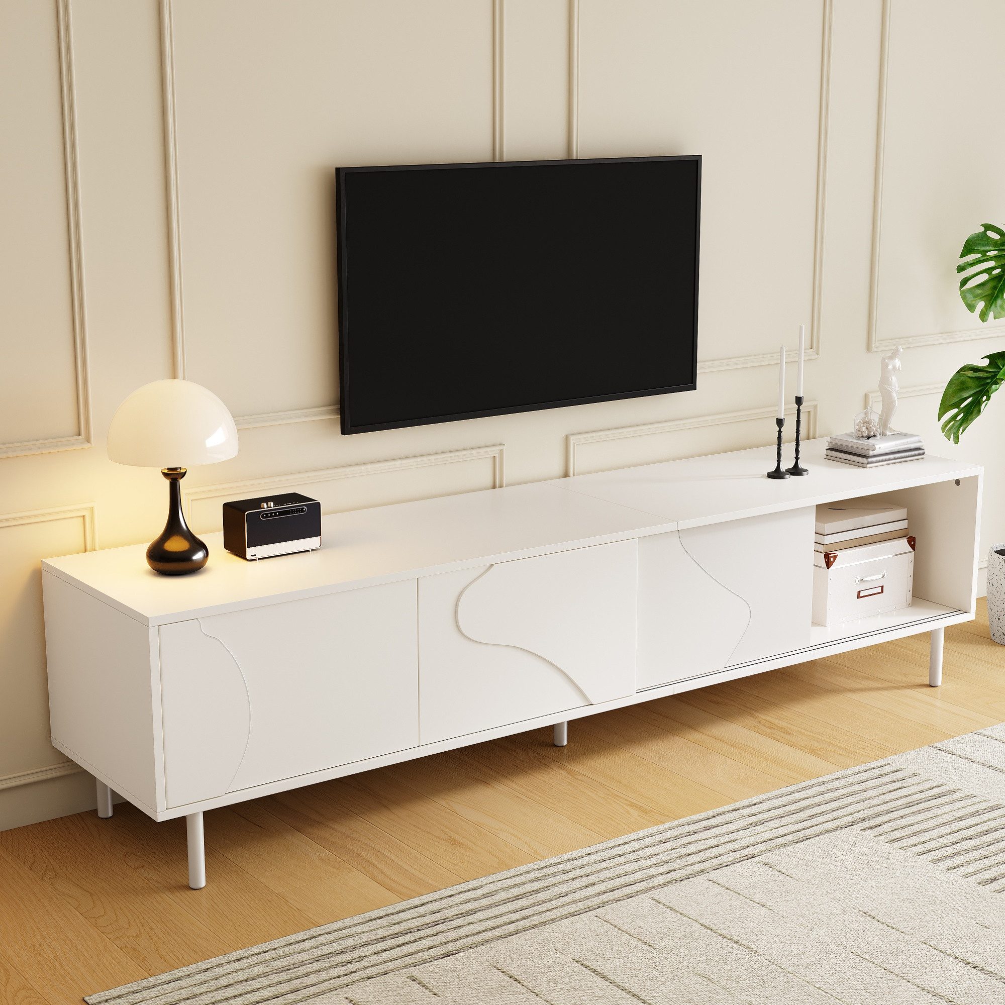Merax Lowboard mit LED-Beleuchtung per App steuerbar (180 x 40 x 45 cm (L x B x H), 1 St., Fernsehtisch), TV-Schrank mit 3 Schiebetüren, Glasboden, Kabelmanagem – Bild 4 von 5