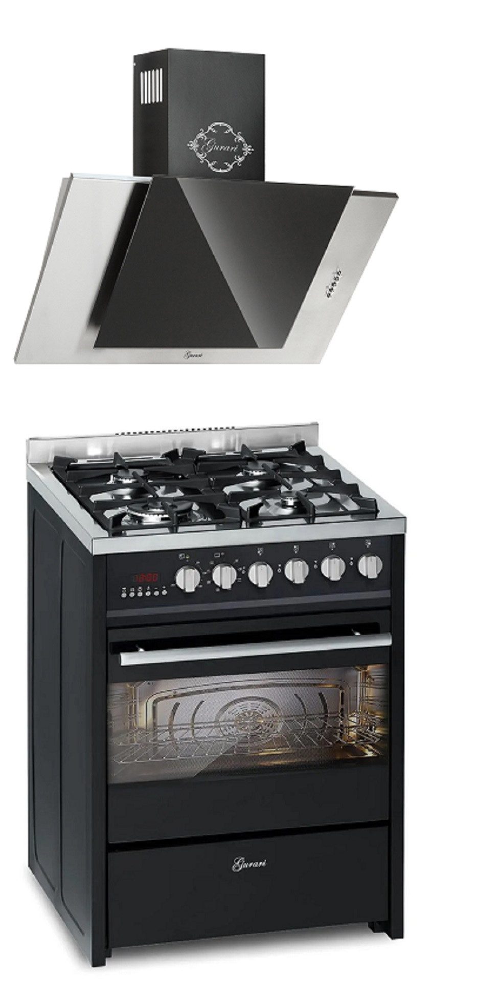 GURARI Gas-Standherd 60 cm Schwarze Gasherd mit Elektrobackofen 60 L, Erdgas/Propangas, 4 Kw, WOK, Range Coocker mit Dunstabzugshaube 60cm 1000 m³/h Edelstahl Schwarzglas GCH E 610 BL+GCH S 482 60 IS, mit 1-fach-Teleskopauszug, Easy-Clean-Emaille, Gas Elektro Standherd 60 cm Erdgas, Fl.Gas 4 Kw WOK, 60 L