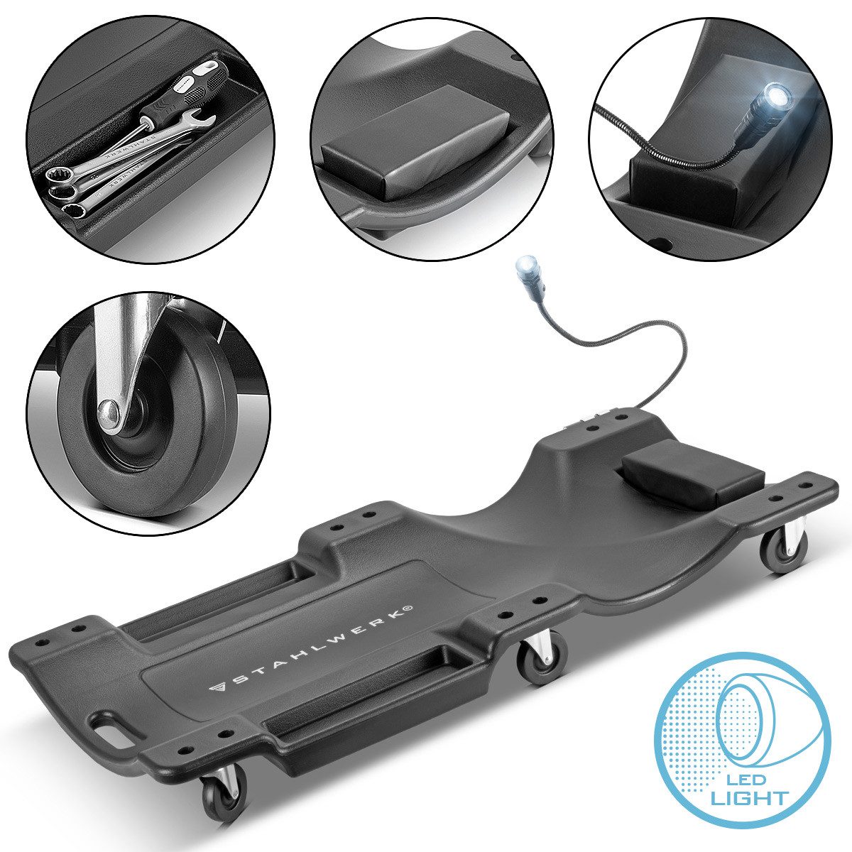 STAHLWERK Rollbrett Kfz-Rollbrett RCL-40 ST mit integriertem LED-Licht, (Packung, 1-St), geeignet für Montagearbeiten unter Fahrzeugen