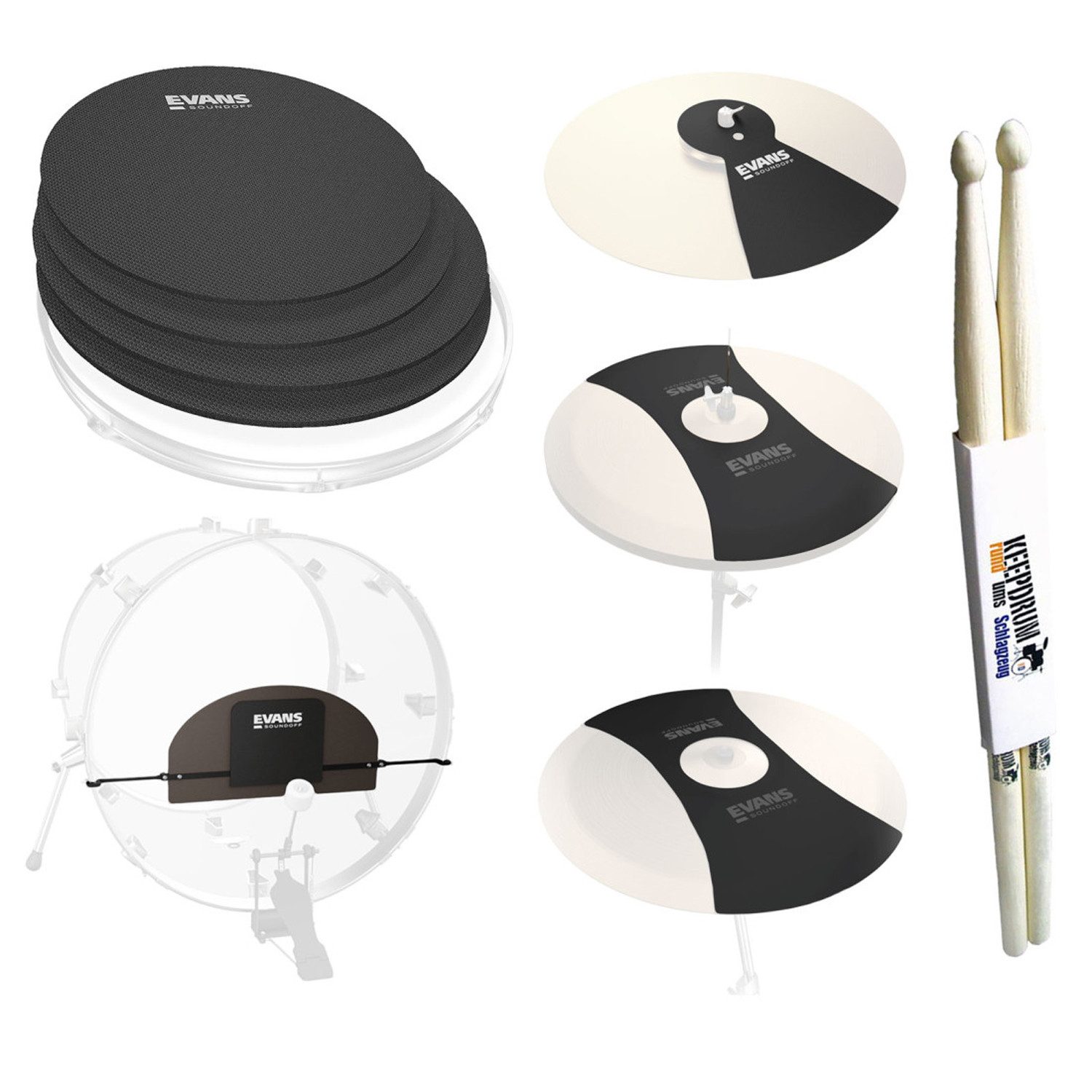 Schlagzeug Evans SoundOff Drum Mute Standard mit Schlagzeugstöcken