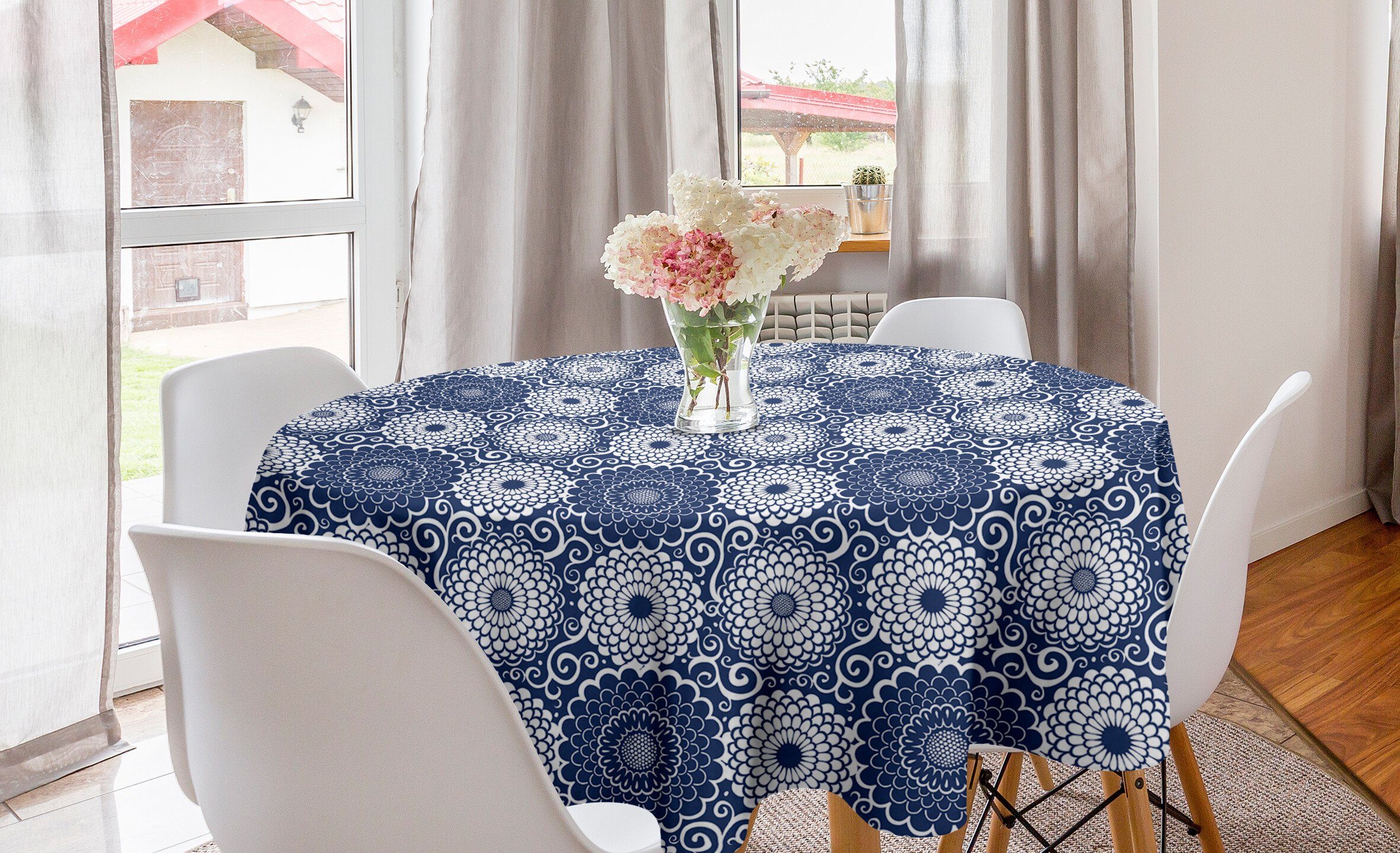 Abakuhaus Tischdecke Kreis Tischdecke Abdeckung für Esszimmer Küche Dekoration, Blauer Mandala Große Blumen Curls