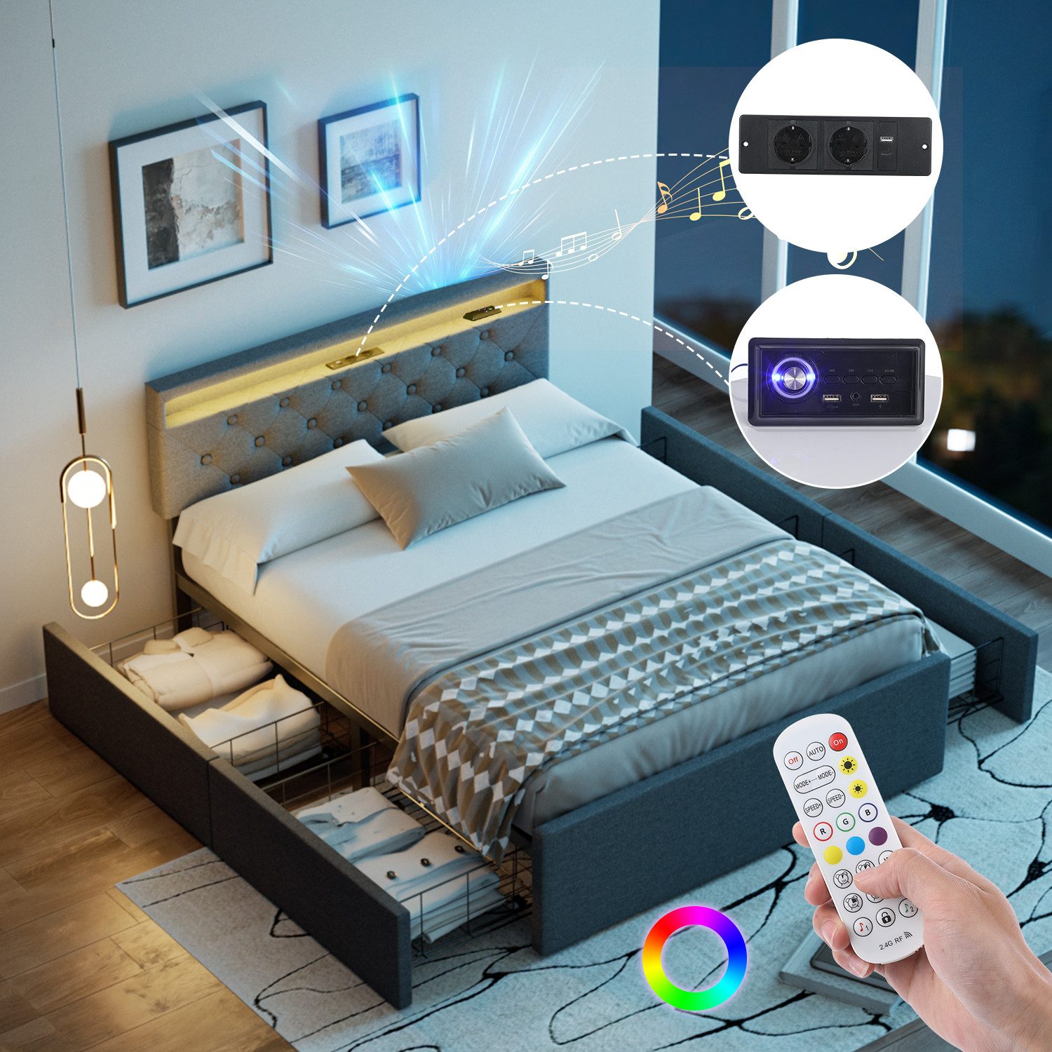 oyajia Polsterbett LED Doppelbett 140x200cm, Stauraumbett mit Kopfteil und günstig online kaufen