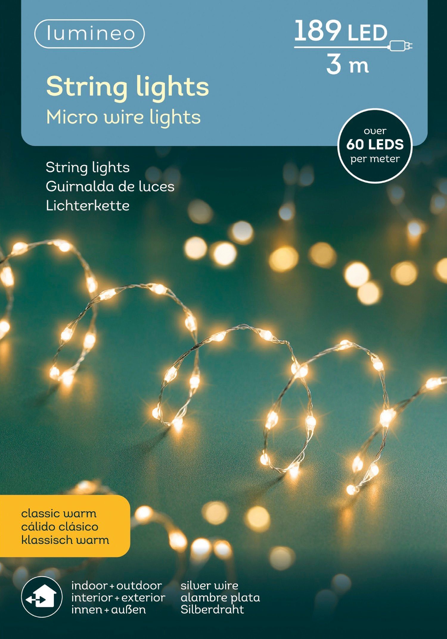 Lumineo LED-Lichterkette Lumineo Lichterkette String Lights 189 LED 3 m  klassisch warm, silber, Indoor, Outdoor, 5 m Zuleitung