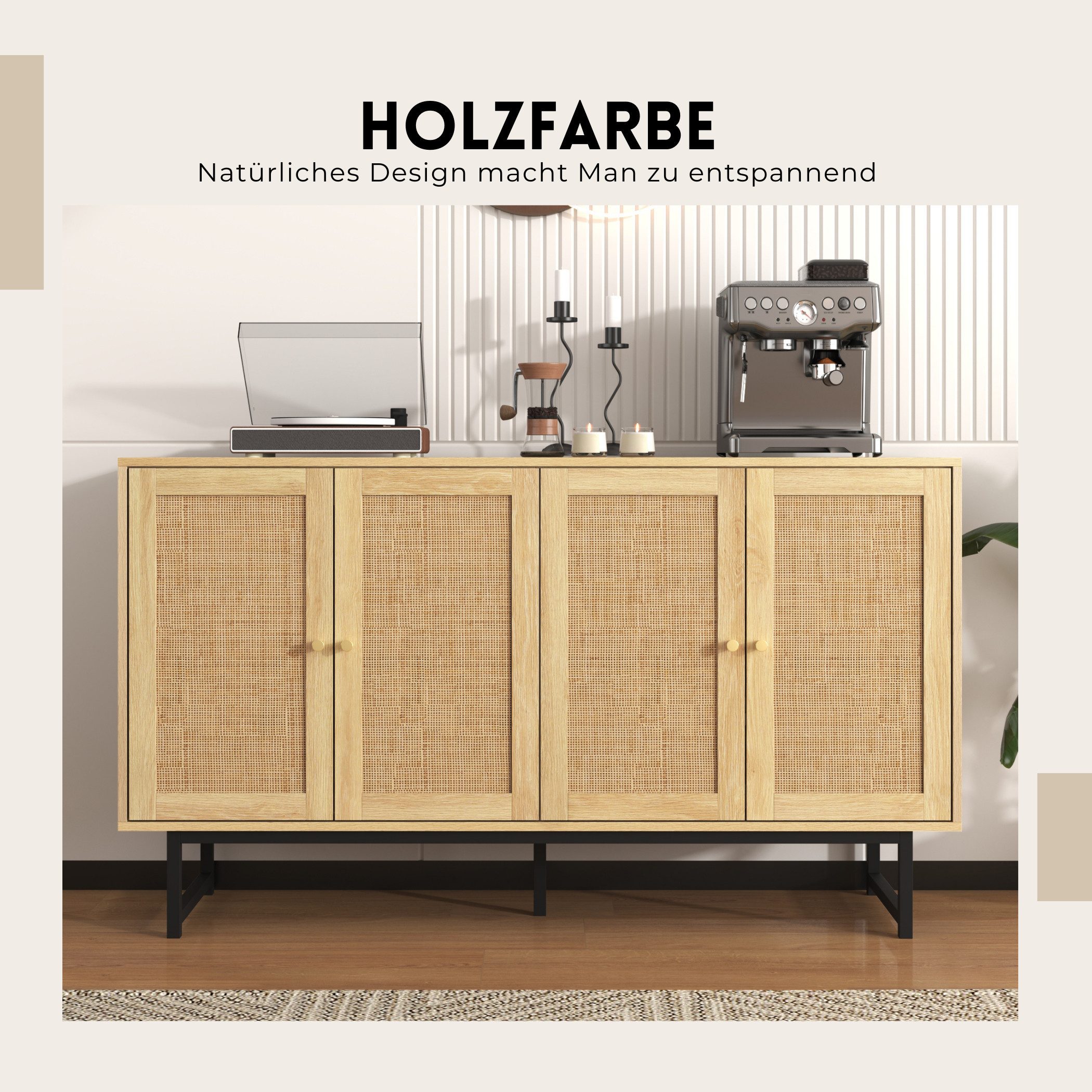 SeedWave Sideboard Vielseitige Kommode, 4 Schiebetüren mit Rattan Draußen G günstig online kaufen