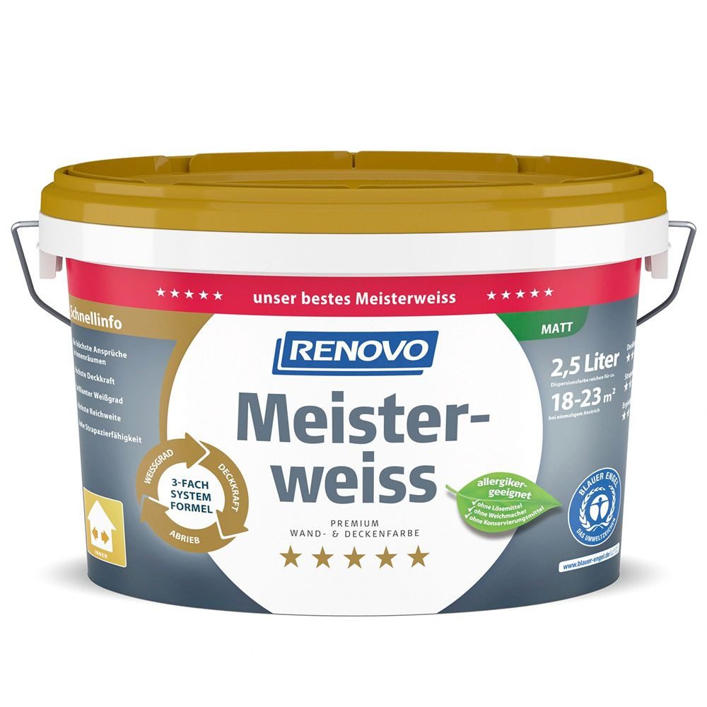 Renovo Wandfarbe Renovo Premium Wand- und Deckenfarbe Meisterweiss matt 2,5 Ltr.