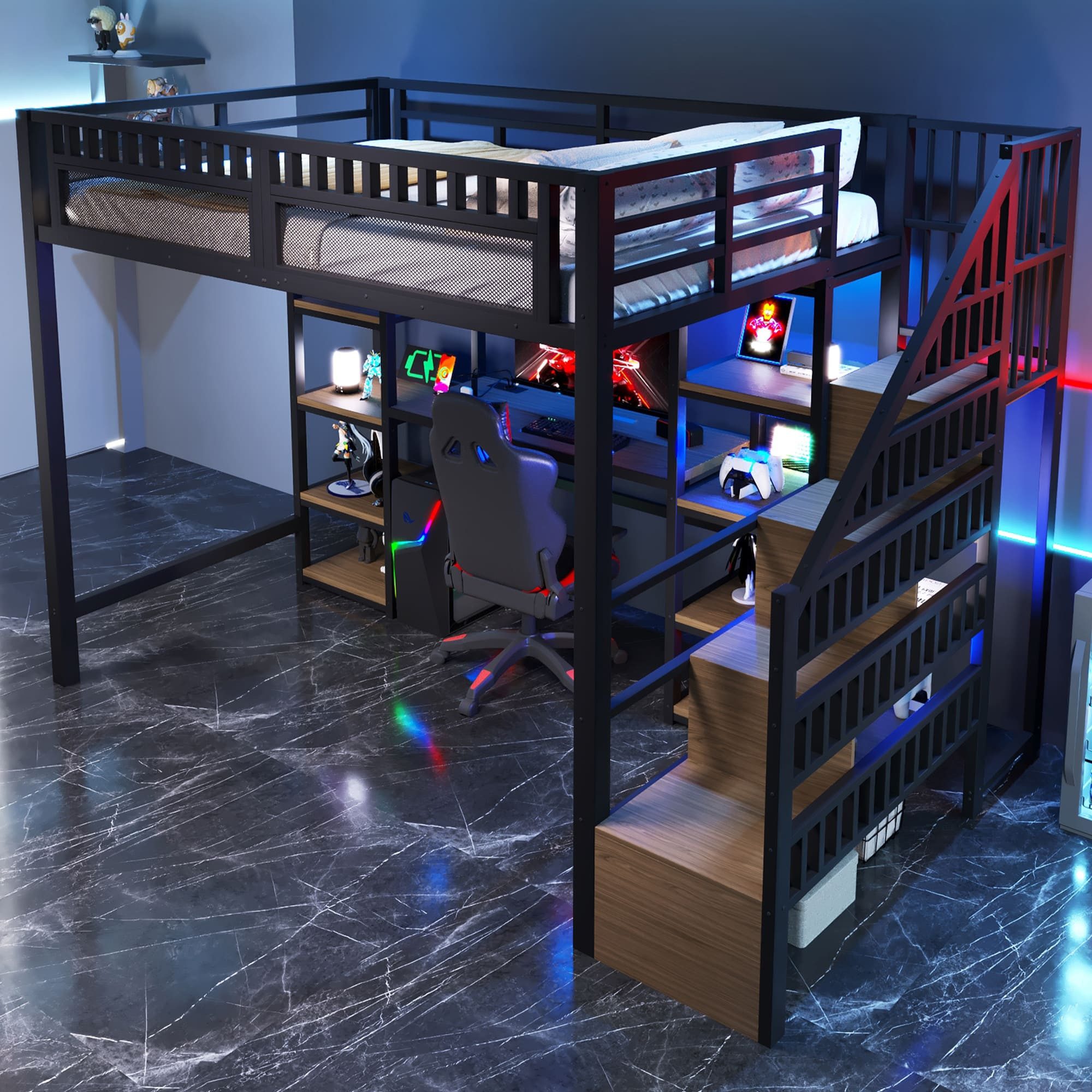 Ulife Hochbett mit Stauraumtreppe, Schreibtisch, LED-Lichtleiste und USB-Anschluss (Ohne Matratze) Jugendbett Kinderbett mit Eisenrahmen, Maße: 140 x 200 cm