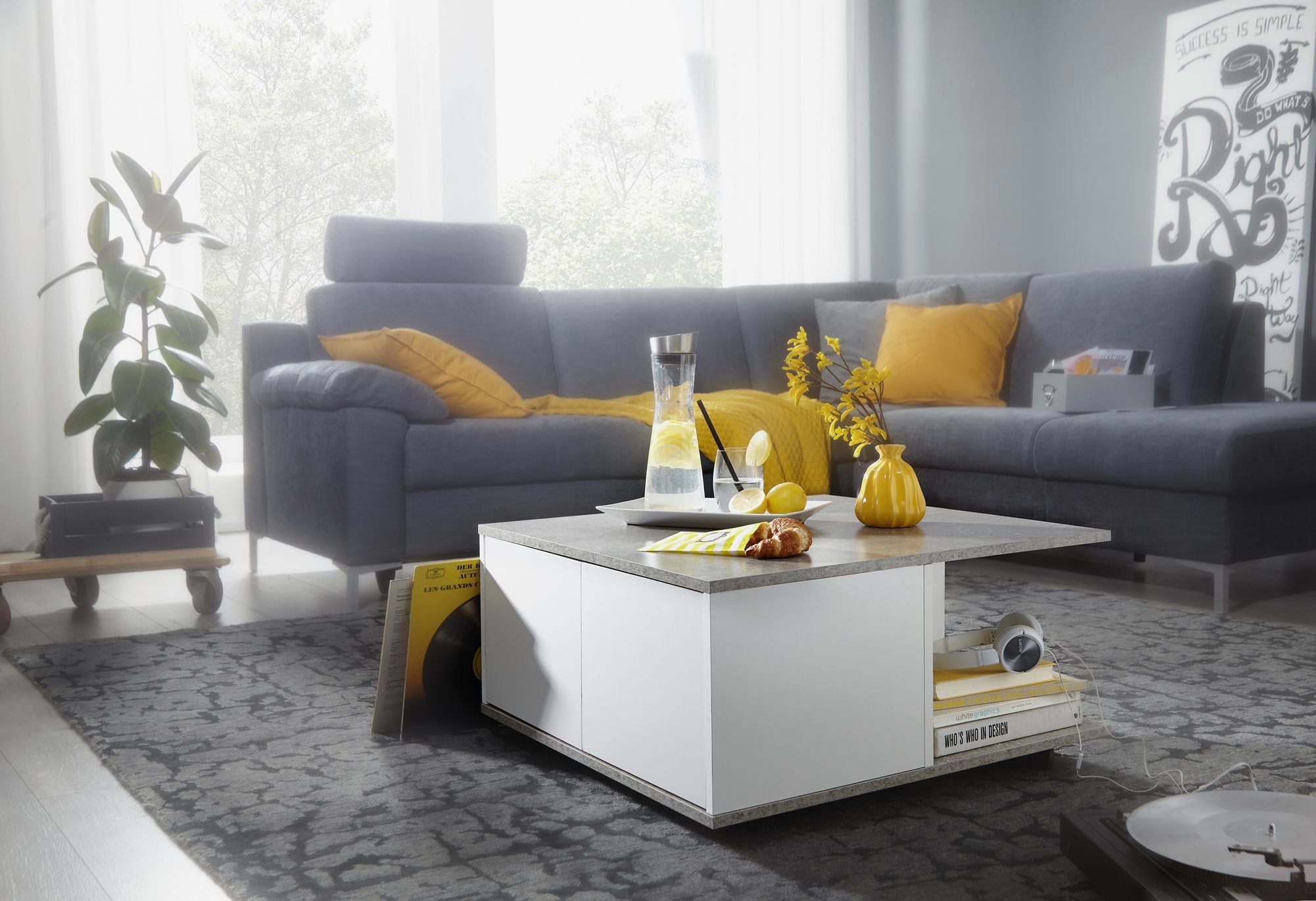 FINEBUY Couchtisch SuVa19126_1 70x70cm Wohnzimmertisch Sofatisch Tisch mit 2 Schubladen (Wohnzimmertisch mit 2 Schubladen, Tisch mit Rollen), 70x70 cm Zementgrau / Weiß, Sofatisch Eckig