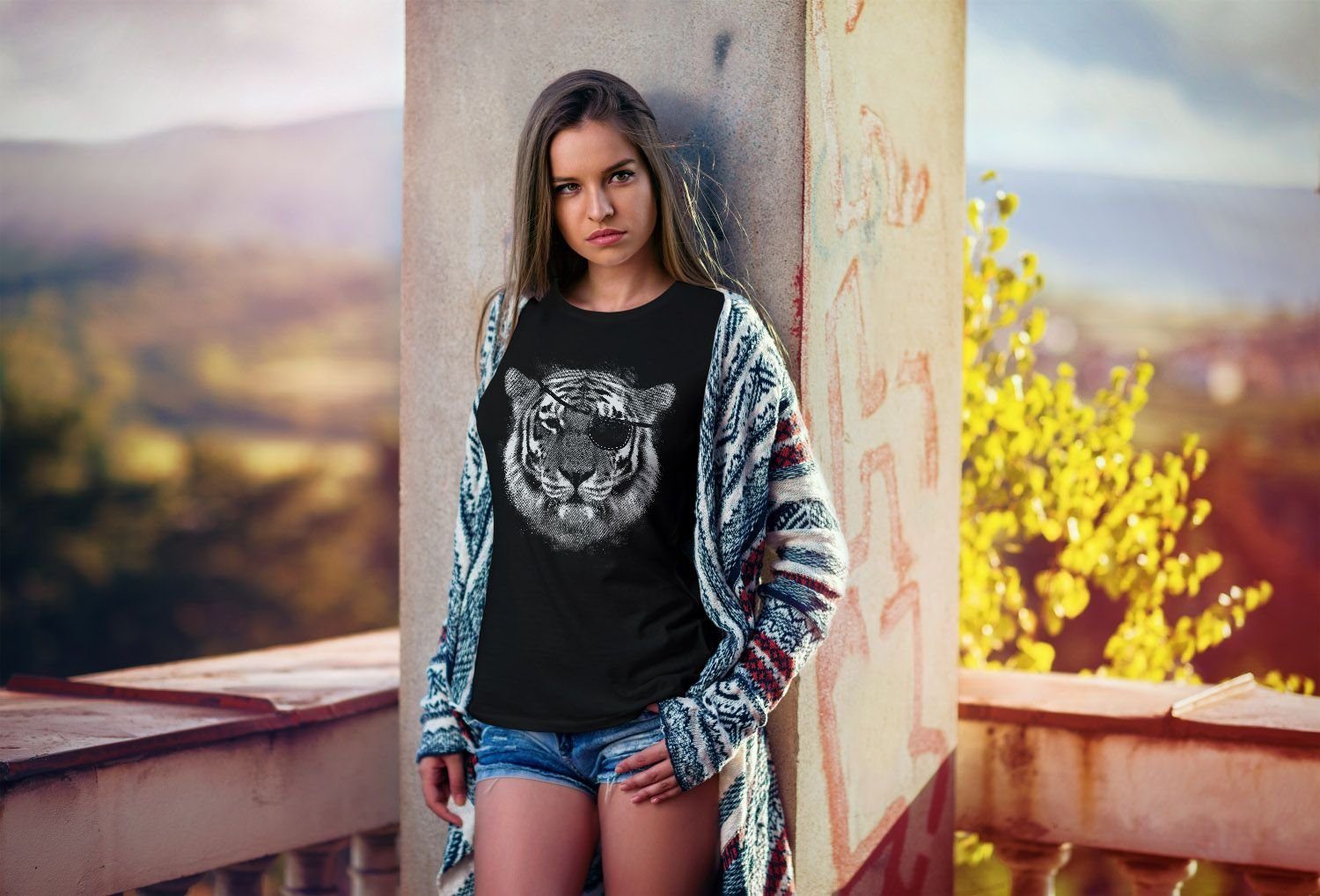 MoonWorks Print-Shirt Stylishes Damen T-Shirt Tiger Augenklappe Eye Patch  Pirat Moonworks® mit Print