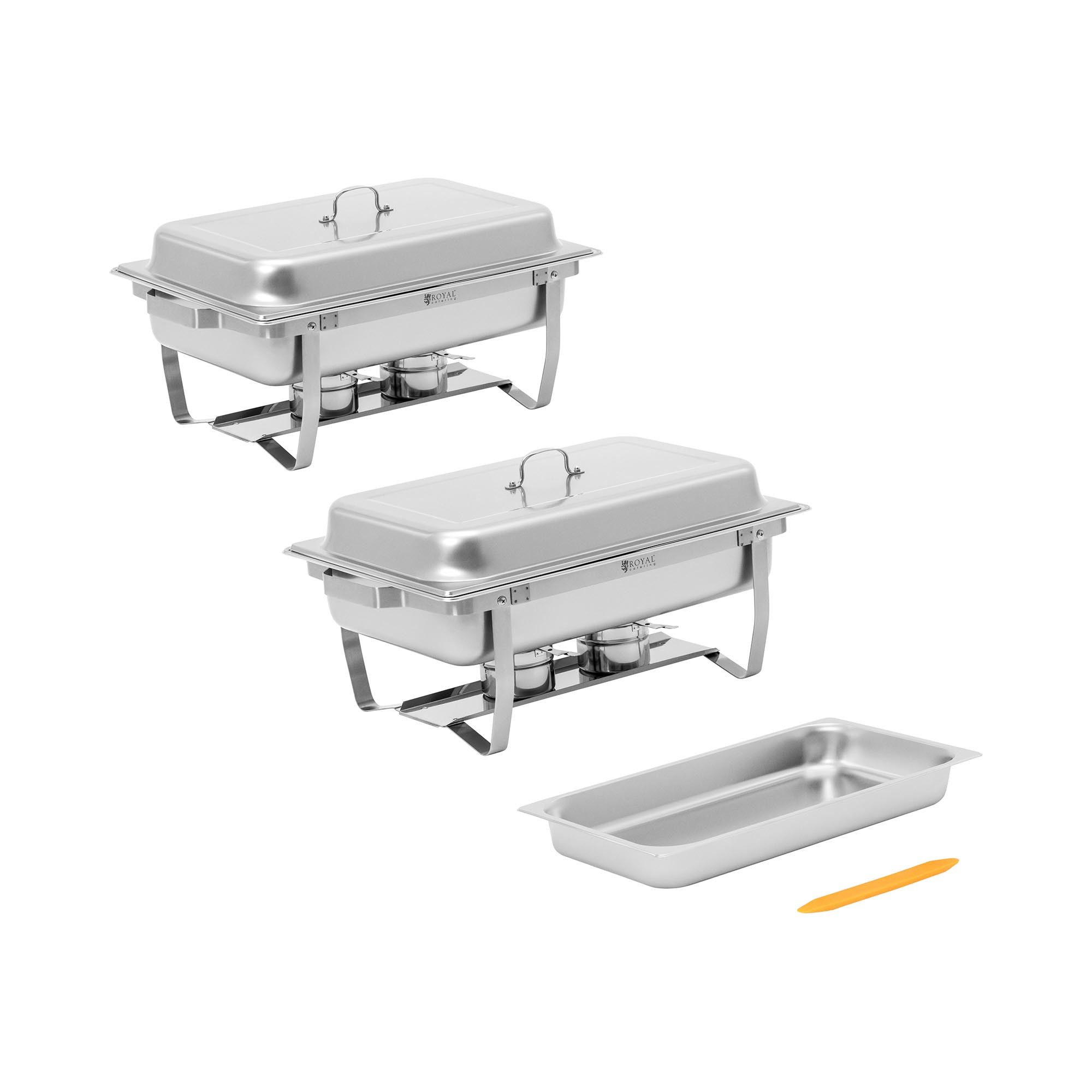 Royal Catering Speisenwärmer 2 Chafing Dishes zu je 7,5 l klappbare Gestelle 2 x GN 1/1 Rechaud, verschiedene Größen