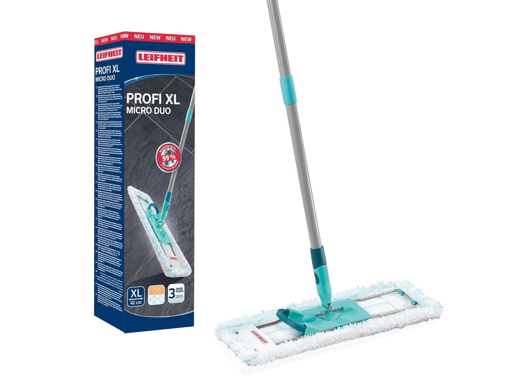 Leifheit Bodenwischer-Set Bodenwischer Profi XL micro duo, (3-St), Waschbar bei 60°C, Wischbreite 42cm, Arbeitshöhe 146cm, Microfaser