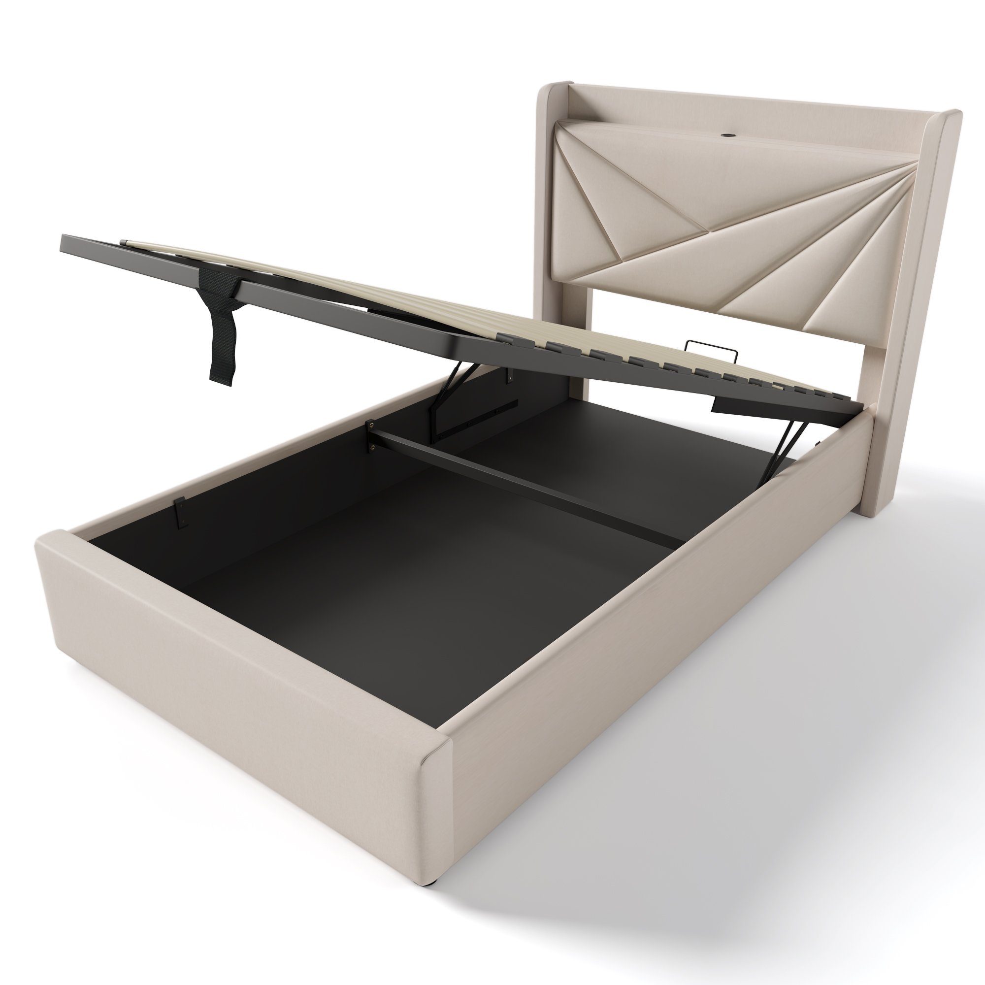 Polsterbett (Funktionsbett mit Lattenrost und Matratze), Stauraumbett 90x200cm mit USB Typ C Ladefunktion Kopfteil, Leinen
