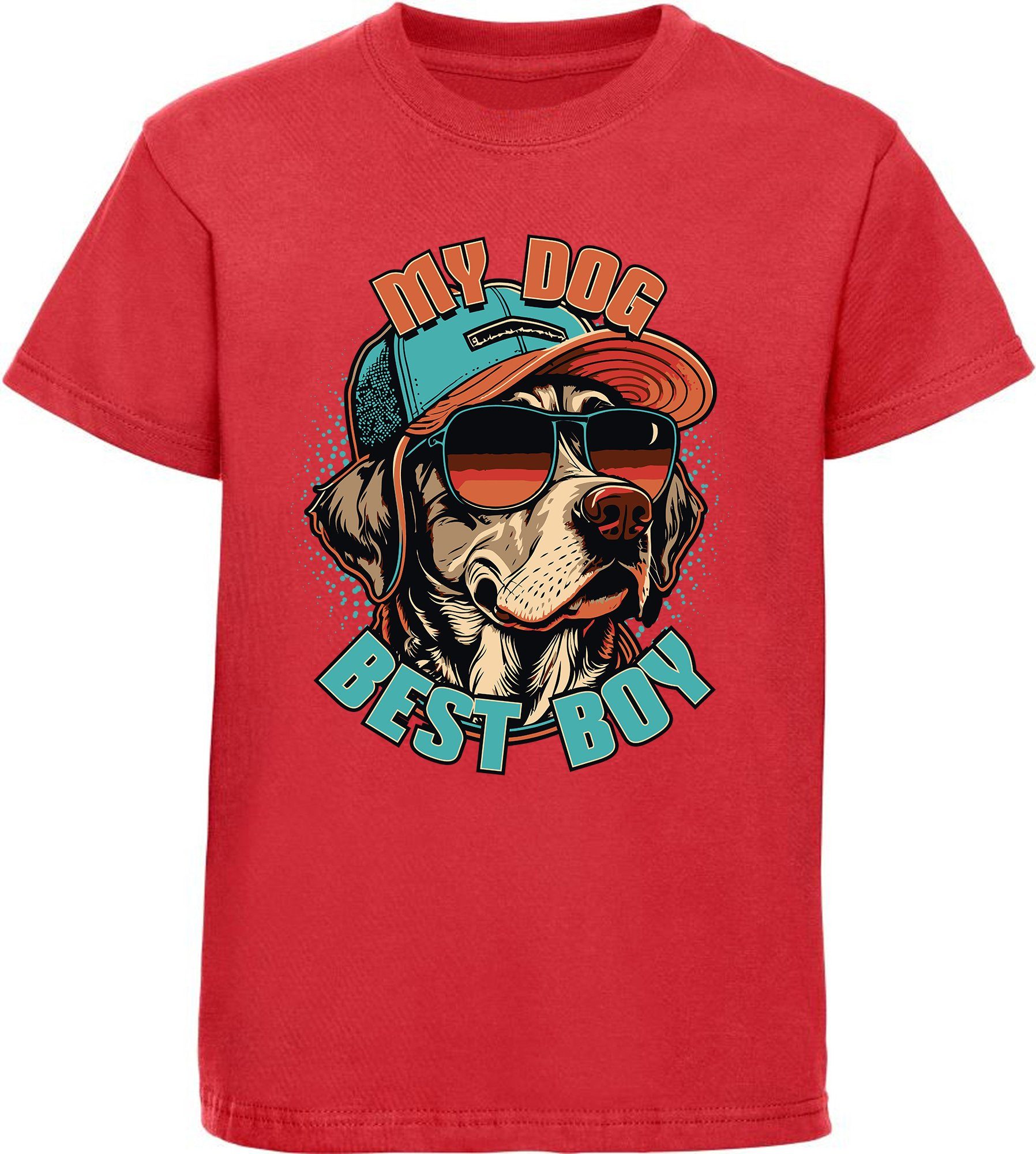 MyDesign24 Print-Shirt bedrucktes Kinder Hunde T-Shirt - Cooler Hund mit Cap Baumwollshirt mit Aufdruck, i225 rot