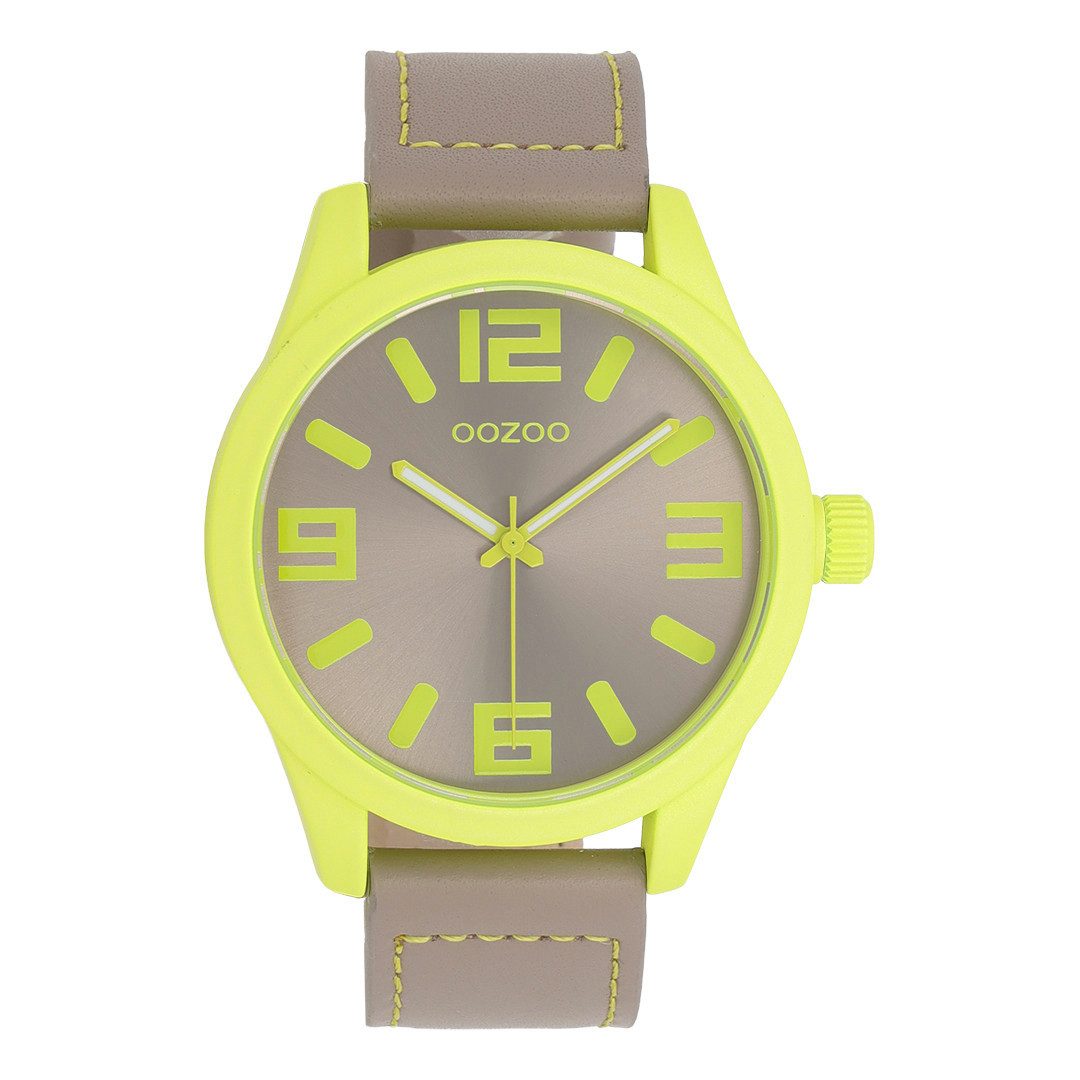 OOZOO Quarzuhr XXL Armbanduhr C0904 Damen 46 mm taupe gelb Lederband