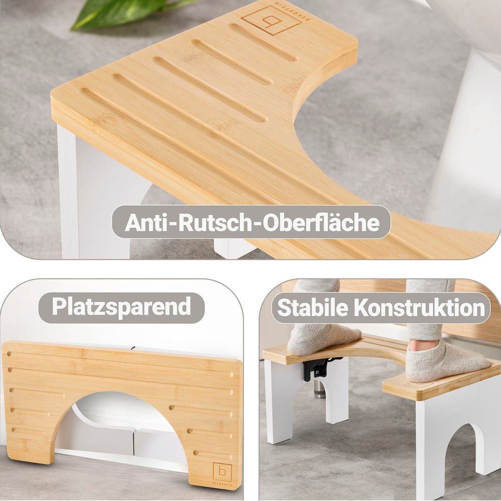 Benkstein Fußhocker Bambus Toilettenhocker Erwachsene, WC Hocker Toilette Tritthocker klappbar Holz