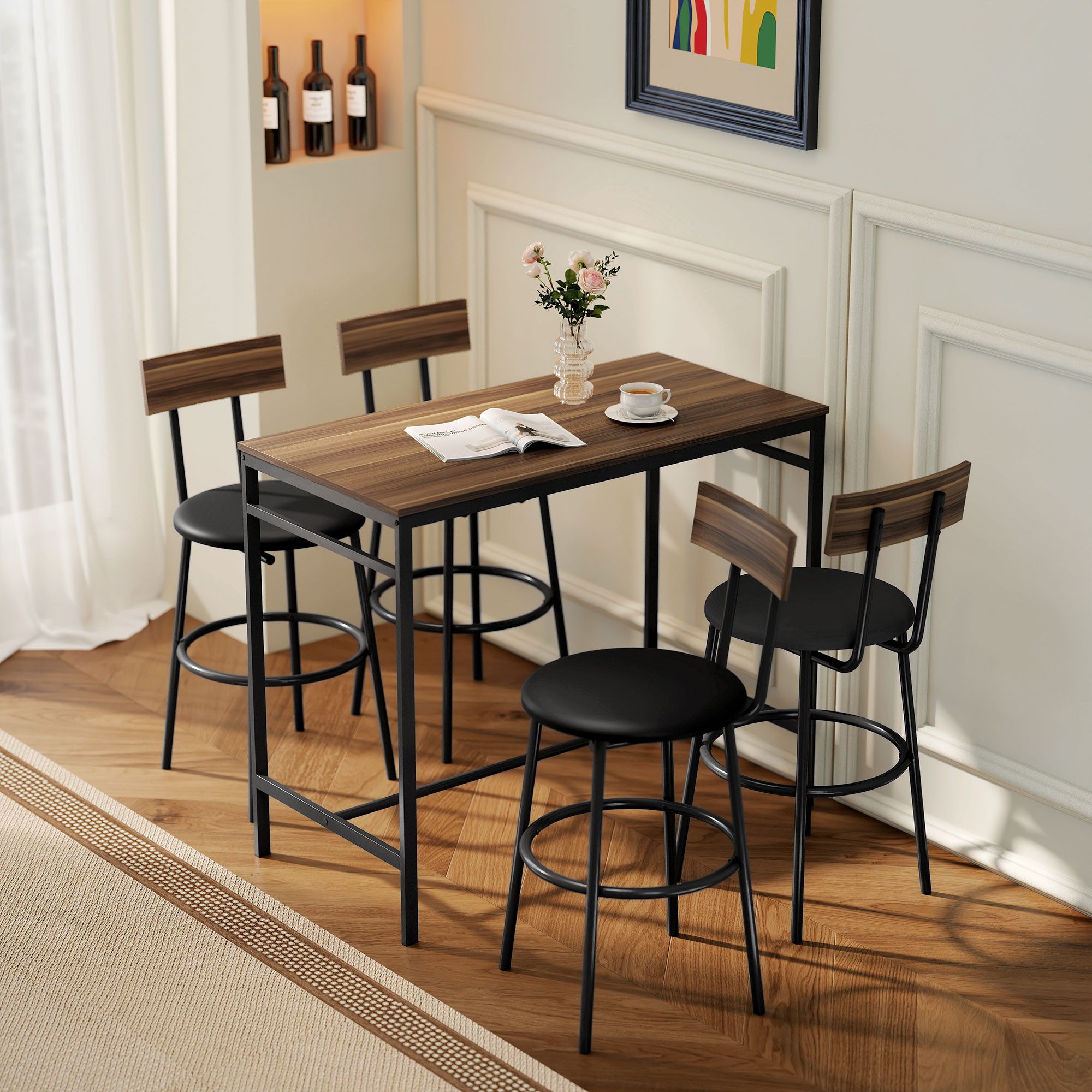 HOMCOM Bargruppe Bartisch-Set mit 4 Stühlen, Fußstütze, gepolstert, platzsparend, (Bartisch-Set, 5-tlg., Bartisch mit Barhocker-Set), aus Stahl Industrial Küchentisch für Esszimmer, Küche, Braun