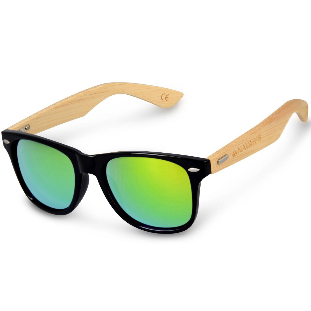 Navaris Sonnenbrille UV400 Unisex Brille mit Bambus Bügeln - Holzbrille mit Etui Schwarz