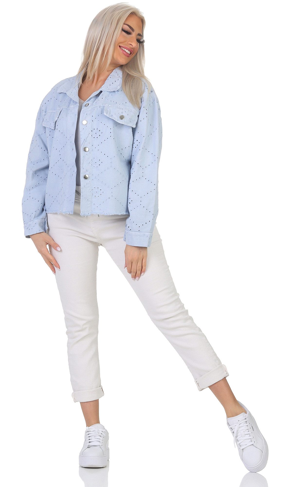 Aurela Damenmode Jeansjacke Damen Sommerjacke Jeanslook leichte Kurzjacke Denim mit Lochstickerei