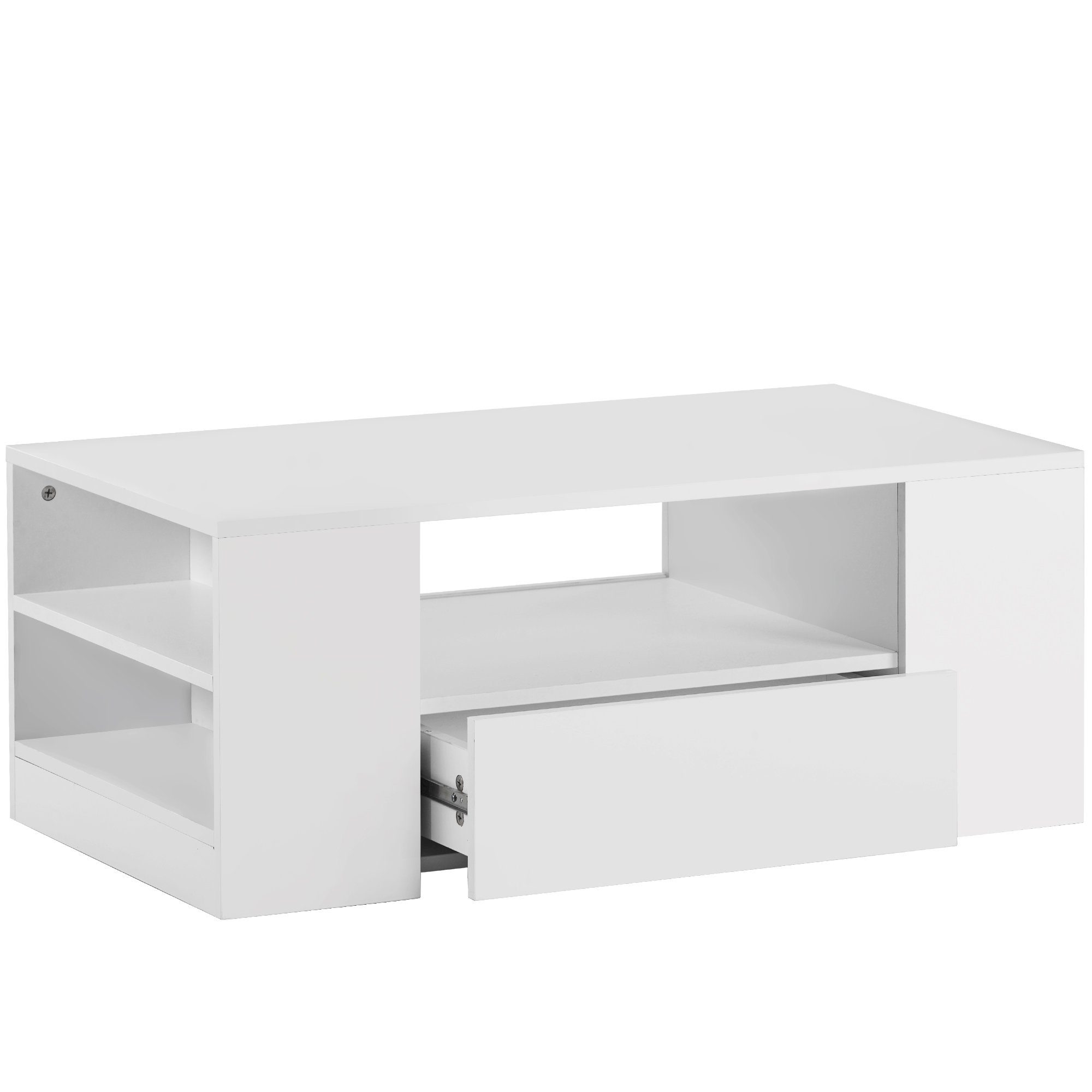 Couchtisch (Wohnzimmertisch Hochglanz Weiß), Sofatisch mit LED-Beleuchtung, 2 Schubladen, 2 Regale, 95 x 53 x 37 cm