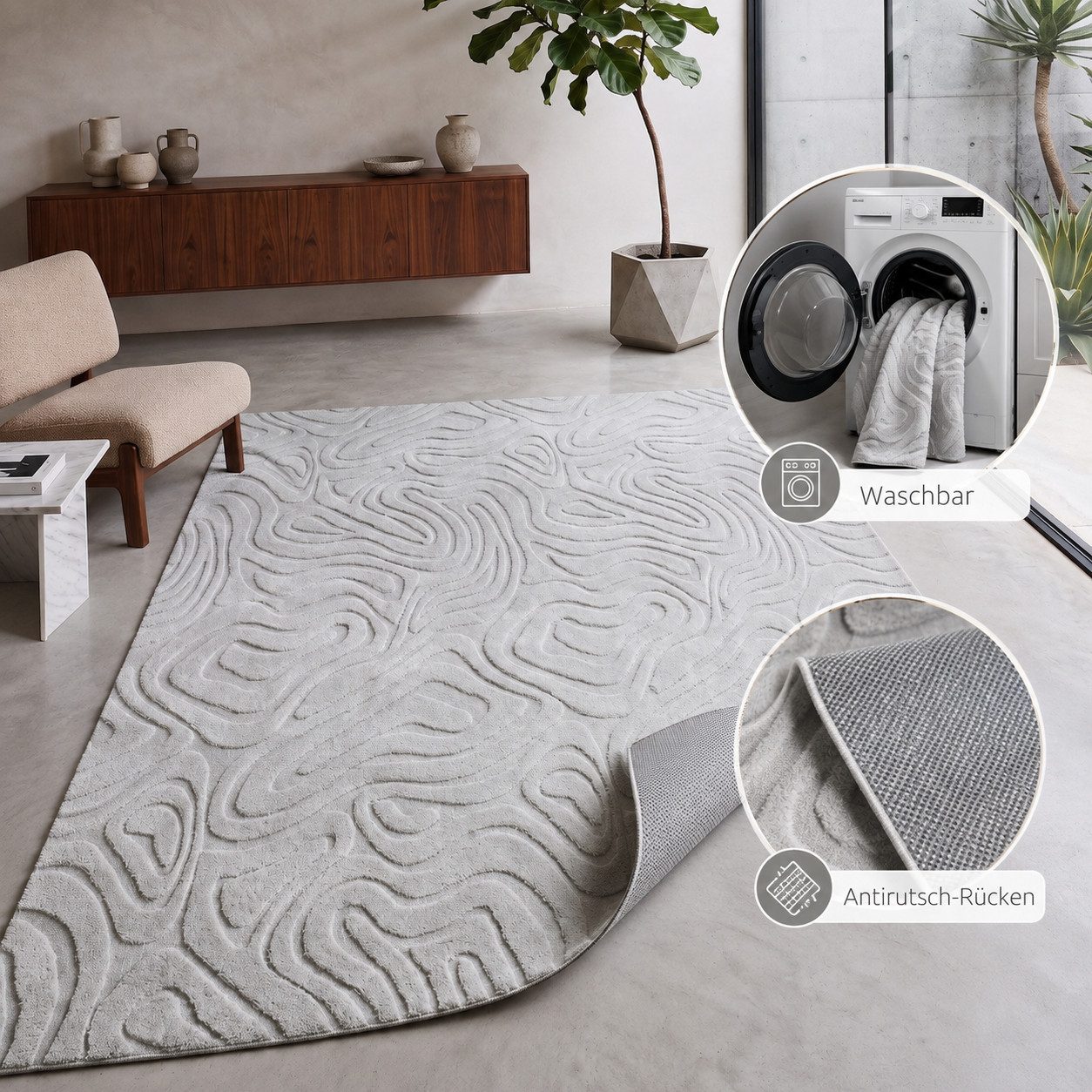 Carpetilla Teppich Waschbarer Teppich– Modern & Weich für Wohnzimmer, Schlafzimmer, Rechteckig, Teppich Wohnzimmer 3D effekt Boho Einfarbig hoch-tief Bordüre Wa – Bild 2 von 4