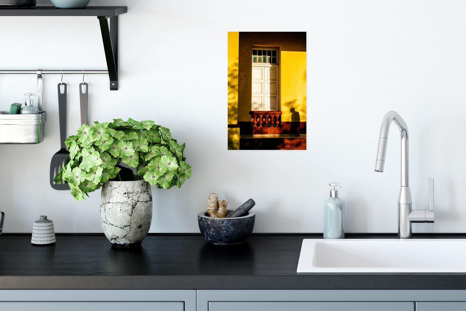 Wandbild, - MuchoWow - Architektur Rahmen Poster Tür Ohne St), Poster, (1 Wohnzimmer, - Schatten, Gelb Wandposter für
