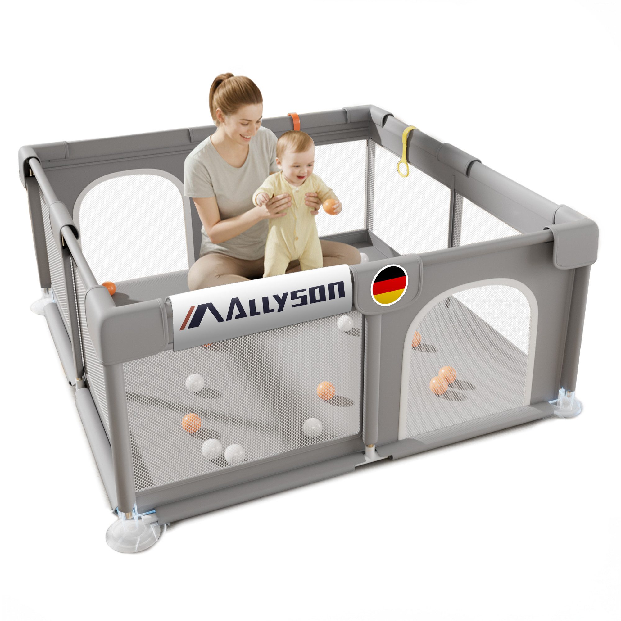 Allyson Laufgitter Faltbarer Laufstall Baby mit Matte, Baby Playpen Kinderlaufstall, Saugnäpfe & Stahlrahmen Inkl. 20 Spielbällen, Matte & 2 Haltegriffen