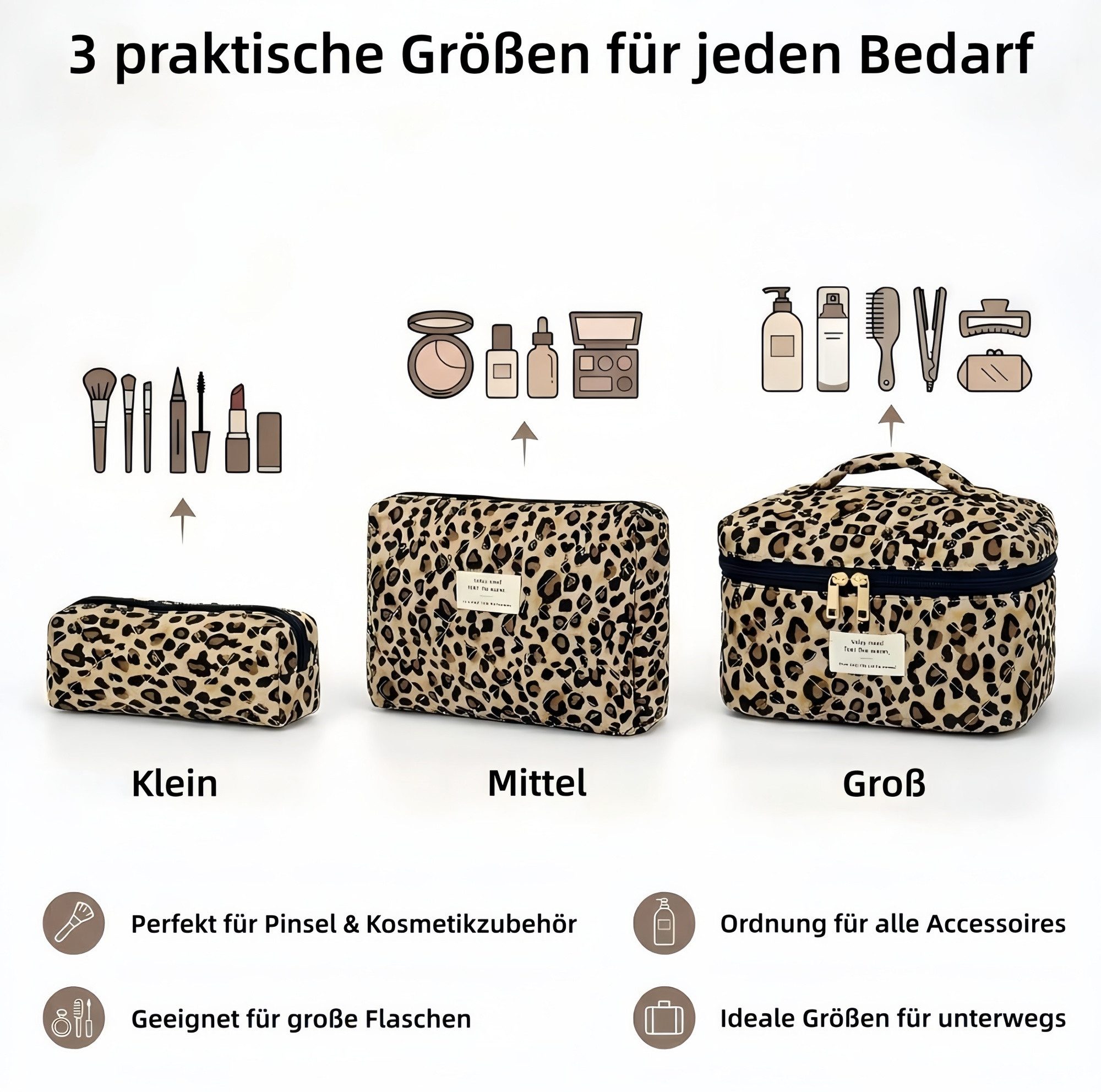 FOUORTUNATE-BEE Kosmetiktasche 3er Set Leopard Kosmetiktaschen für Damen (3-tlg), Klassische Kosmetiktaschen im Leopardenmuster für Frauen