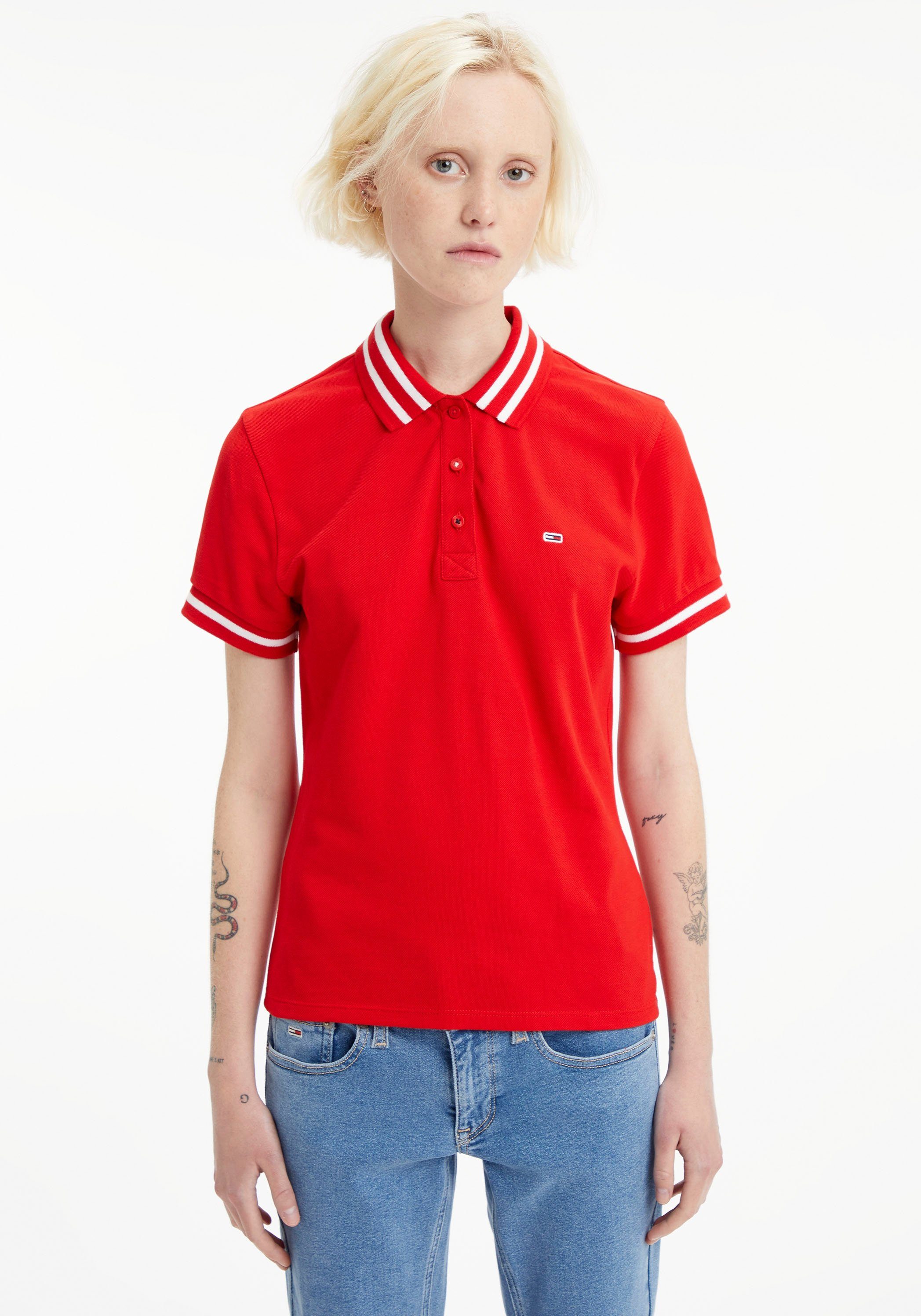 Tommy Jeans Poloshirt TJW ESSENTIAL TIPPING POLO mit Kontraststreifen & Tommy Jeans Label-Flag Deep-Crimson