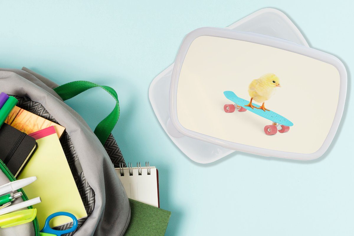 MuchoWow Lunchbox Küken - Gelb Kunststoff, Erwachsene, - Skateboard und weiß (2-tlg), Tiere, Kinder Brotbox - Blau - für für Jungs Mädchen Brotdose, und
