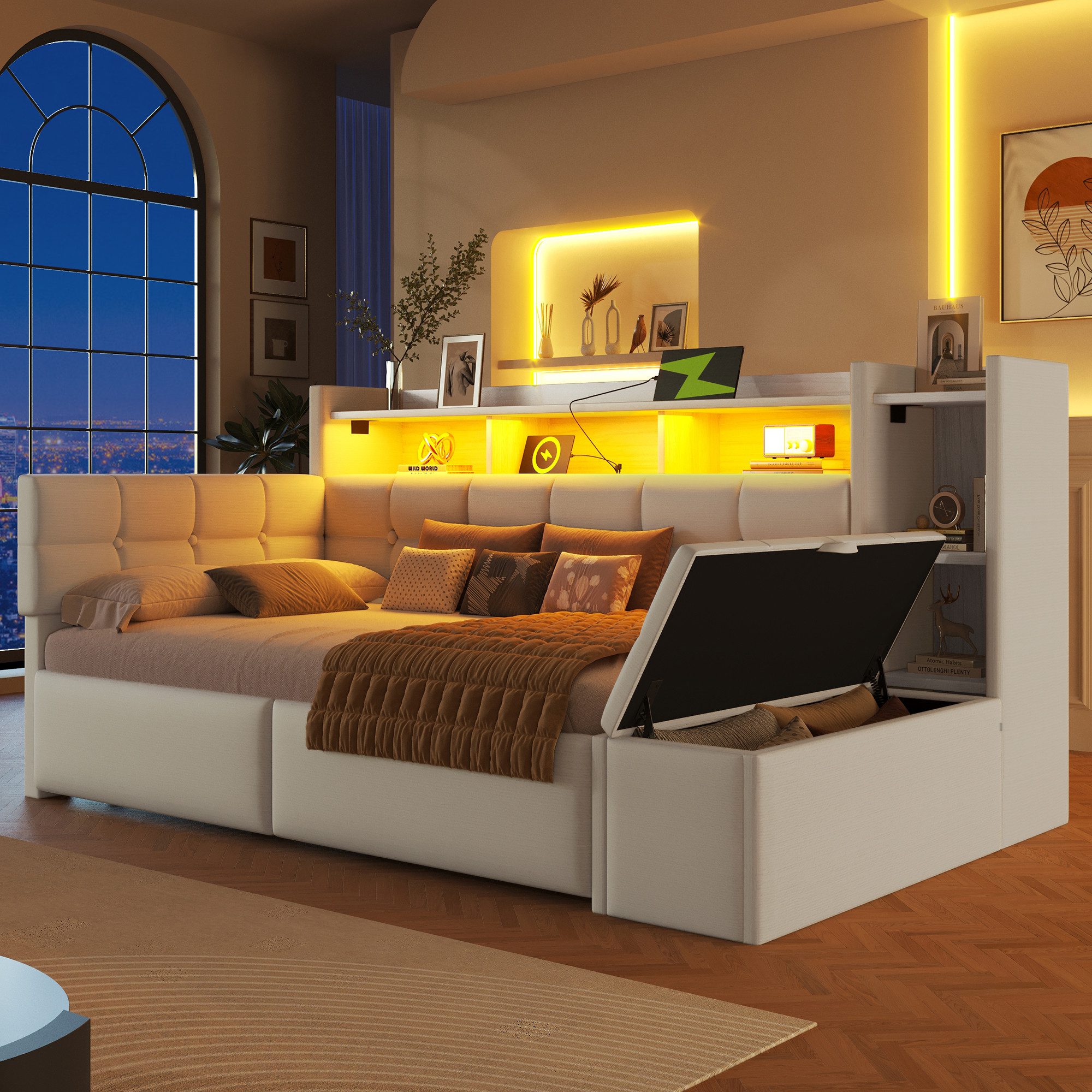 Merax Daybett 90x190cm mit LED Lichtleiste, USB & Typ-C (Schlafsofa Sofabett Jugendbett Kinderbett, 1 tlg), Tagesbett mit 2 Schubladen, Ablagefach, Stauraumbank am Fußende, Samt