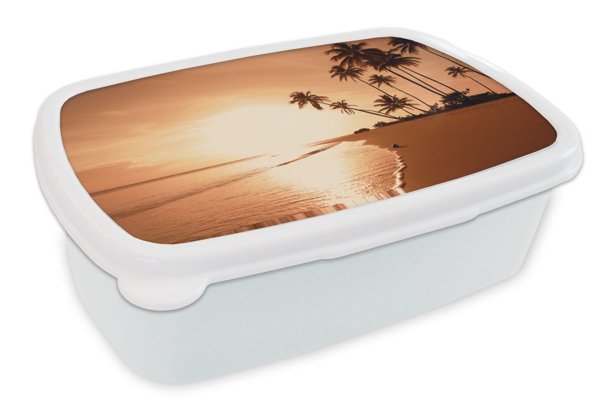 MuchoWow Lunchbox Sonnenuntergang - Tropisch - Palme - Strand - Meer, Kunststoff, (2-tlg), Brotbox für Kinder und Erwachsene, Brotdose, für Jungs und Mädchen weiß