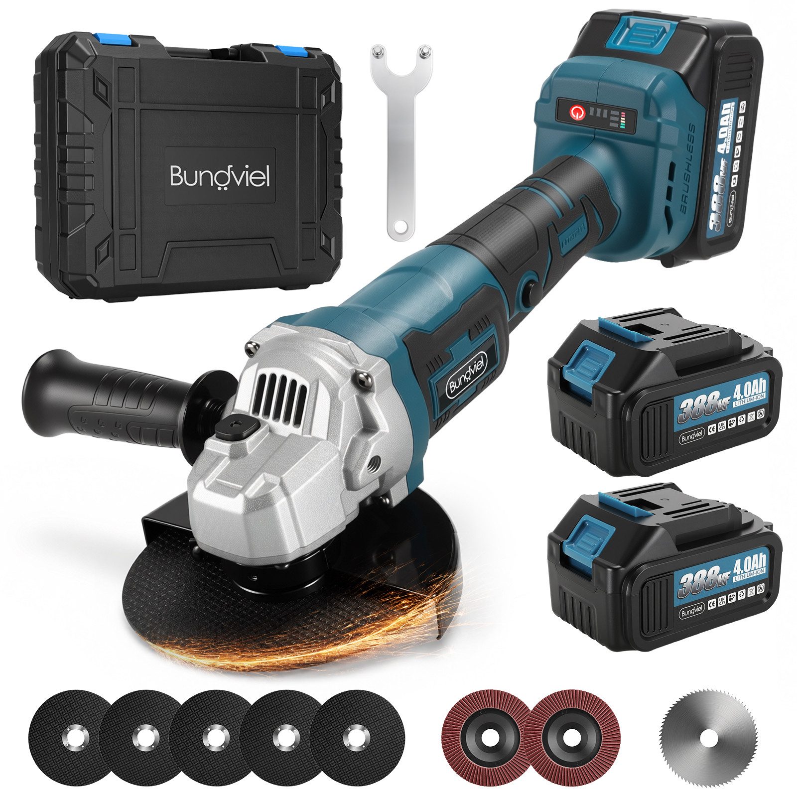 Bundviel Akku-Winkelschleifer Elektrischer Winkelschleifer 21V Bürstenloser Motor Trennschleifer, max. 12000 U/min, 12000 U/min, Ø 125mm inkl. 2×4,0Ah Akku und Ladegerät