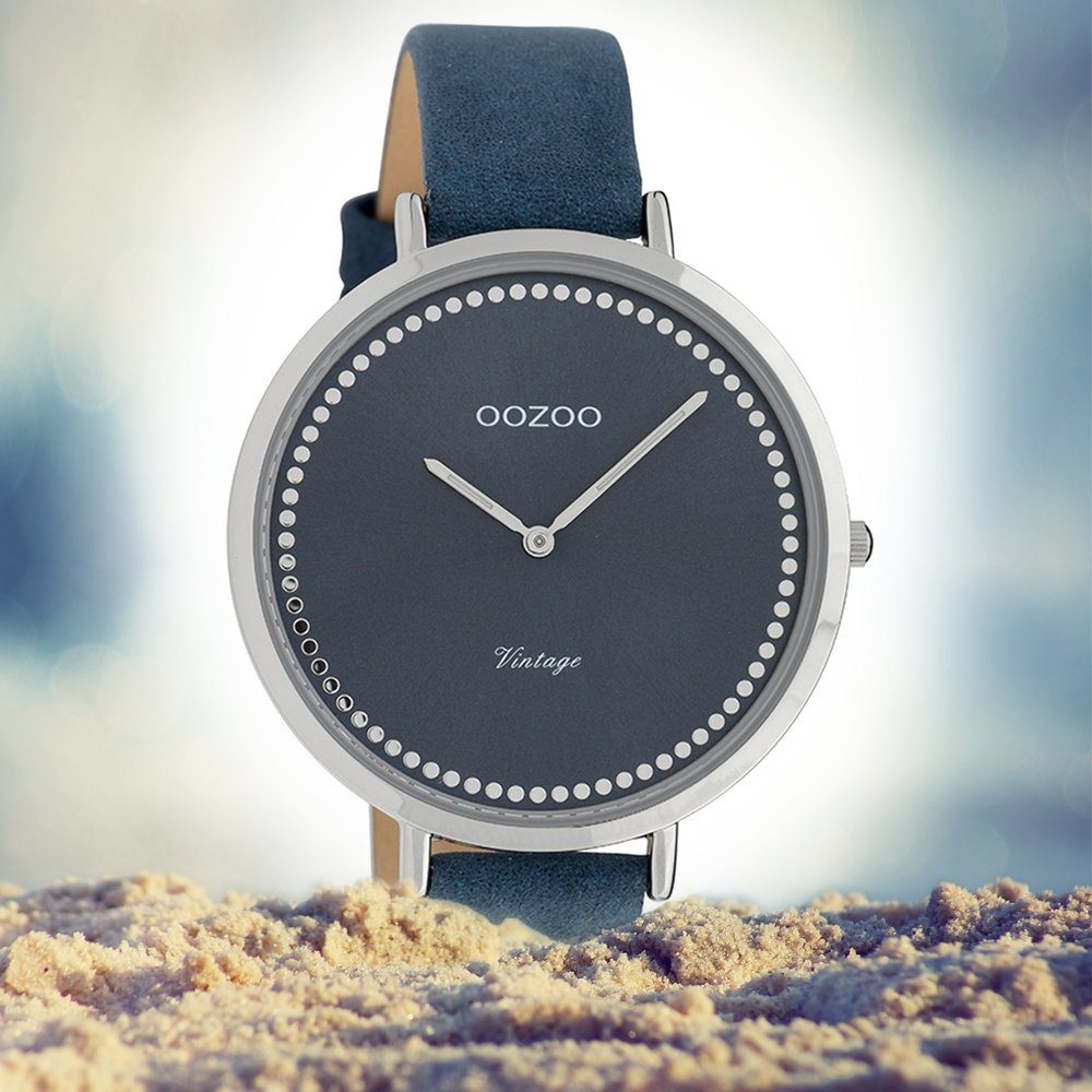 OOZOO Armbanduhr Damen rund, groß blau, 40mm) Quarzuhr Damenuhr Oozoo (ca. Fashion-Style Lederarmband,
