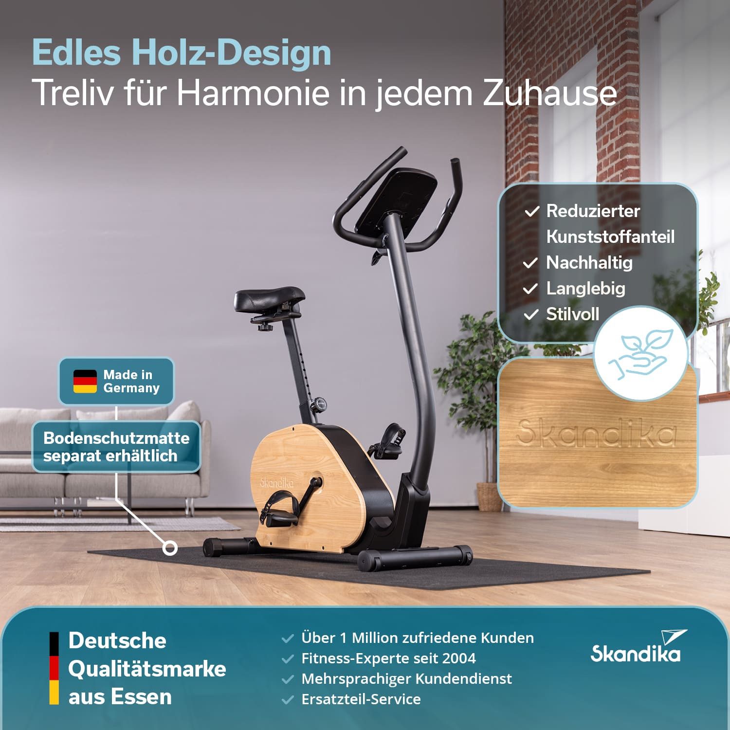 Skandika Ergometer Treliv P8, Heimtrainer aus Eisen mit Holz, LED Display, 22 Programme (Transportrollen, Tablet-Halterung, Kinomap App kompatibel, bis 120 kg), Magnetbremse 32 Stufen, Sattel & Lenker verstellbar, Bluetooth