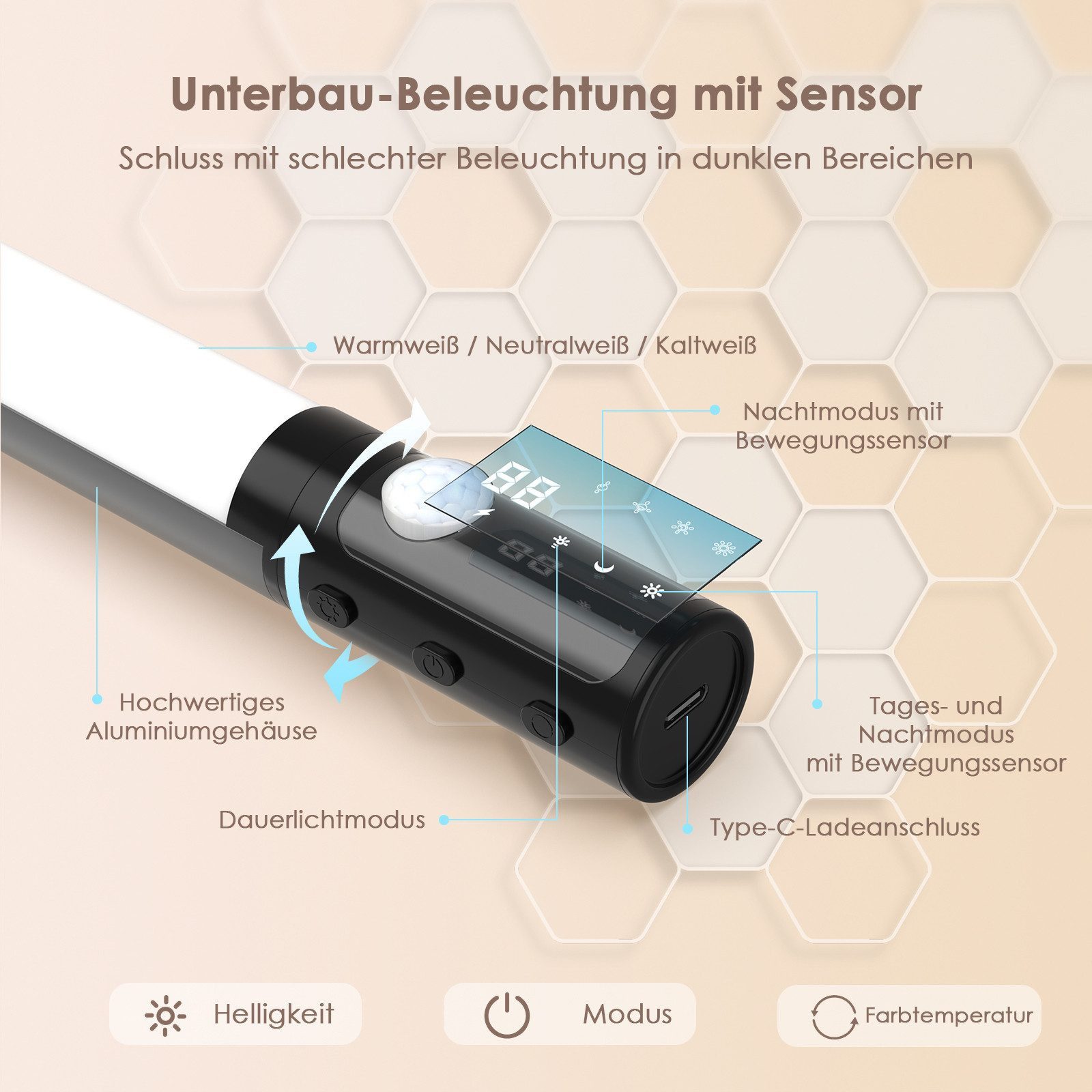 Quntis LED Unterbauleuchte LED Schrankleuchte 38/40 cm Unterschrankleuchte, Küchenunterbauleuchte, 2000 mAh Akku, 3 Farbtemperaturen, LED festintegriert, LED Leiste, Neutralweiß, Kaltweiß, Warmweiß, Schrankbeleuchtung, Unterbauleuchte, Unterbaulampe, Nachtlicht