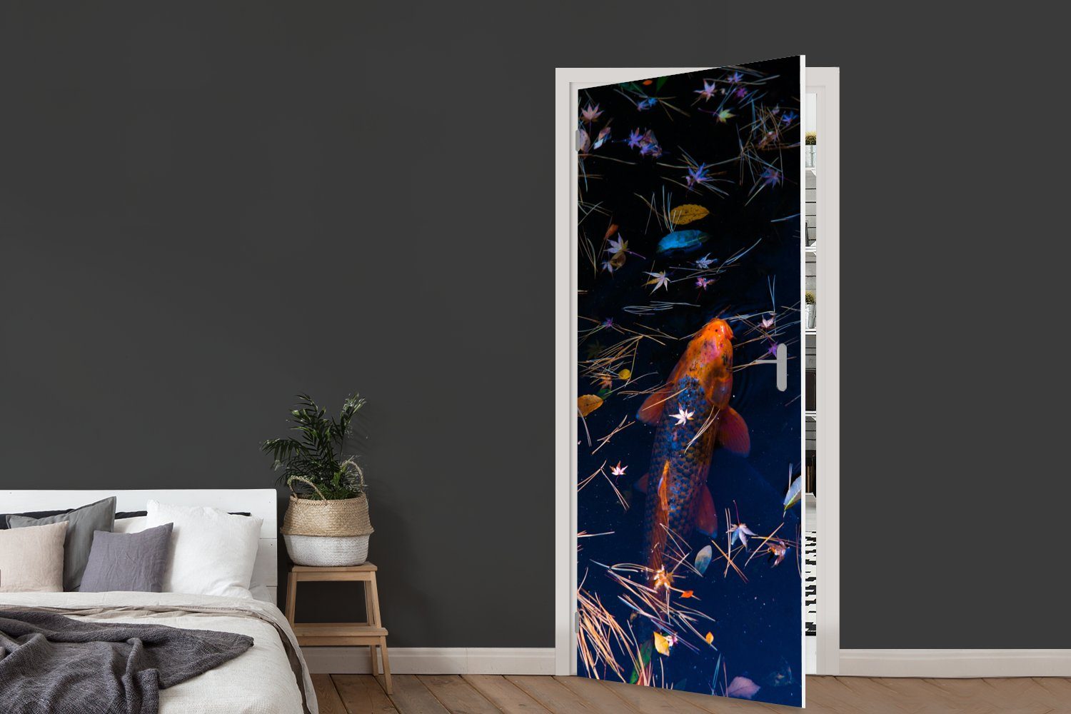 MuchoWow Türtapete Fototapete (1 75x205 Tür, in cm Türaufkleber, für farbiger Ein bedruckt, Matt, St), einem Koi-Karpfen Teich