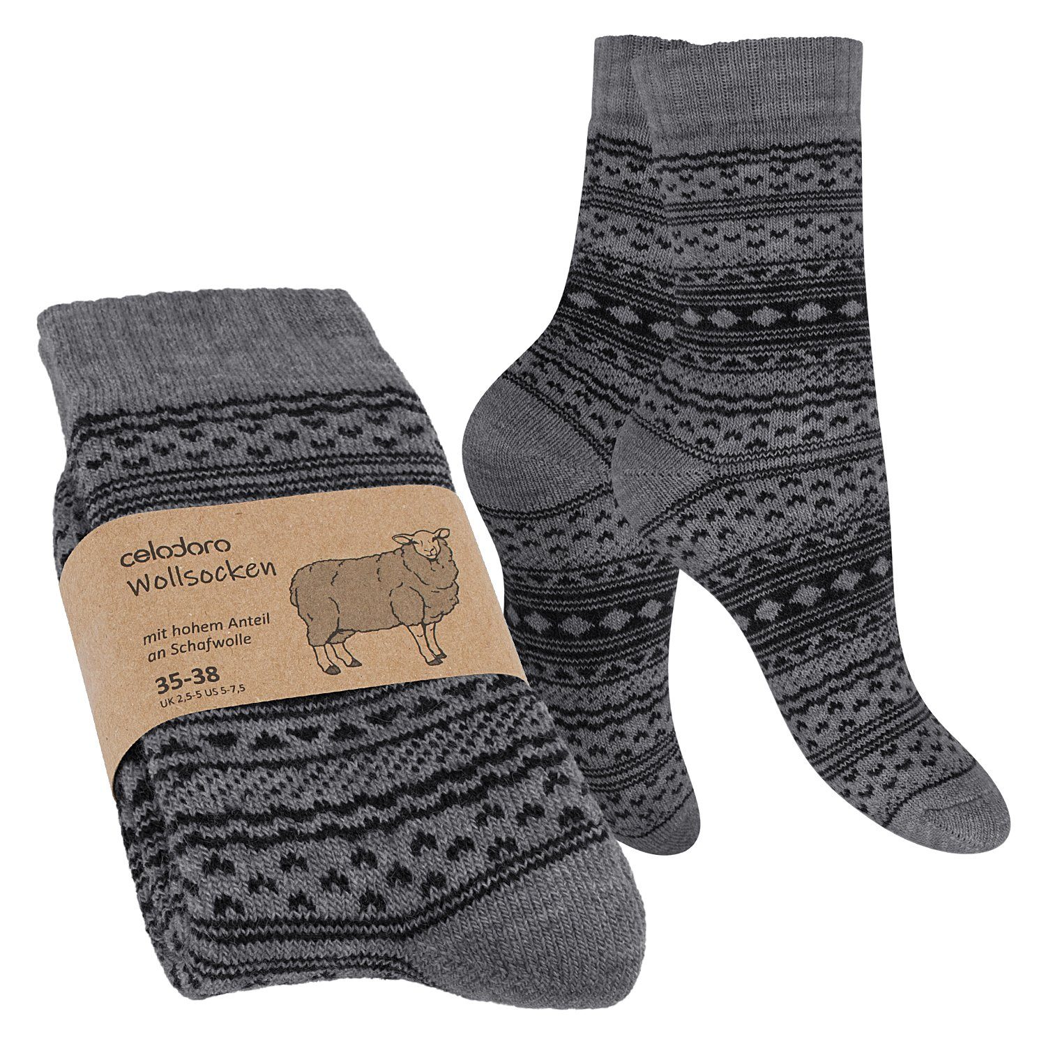 celodoro Thermosocken Damen & Herren Frottee-Wollsocken mit Muster Grau