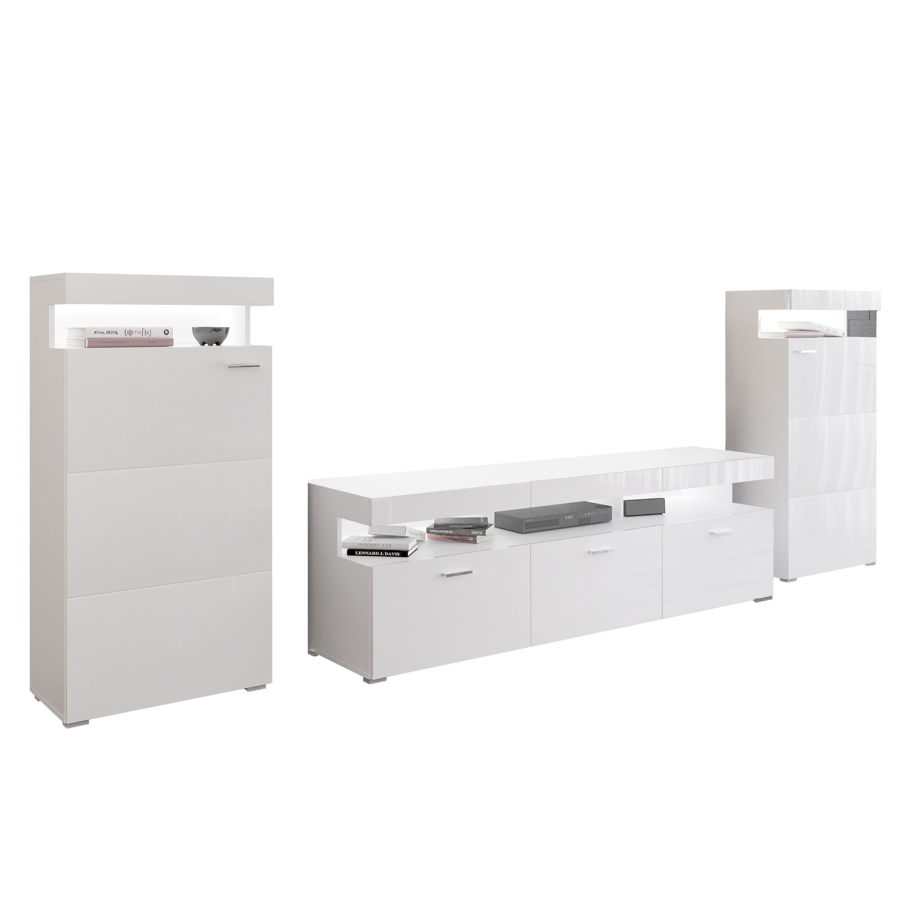 ALLHOUSE24 Wohnwand MILANO weiß Hochglanz, TV Schrank, 2 Vitrinen, LED Beleuchtung, (3-St., Bestehend aus einem TV-Schrank und 2 Vitrinen), TV-Schrank (180 cm), 2 Vitrinen (je 60 cm Breite)