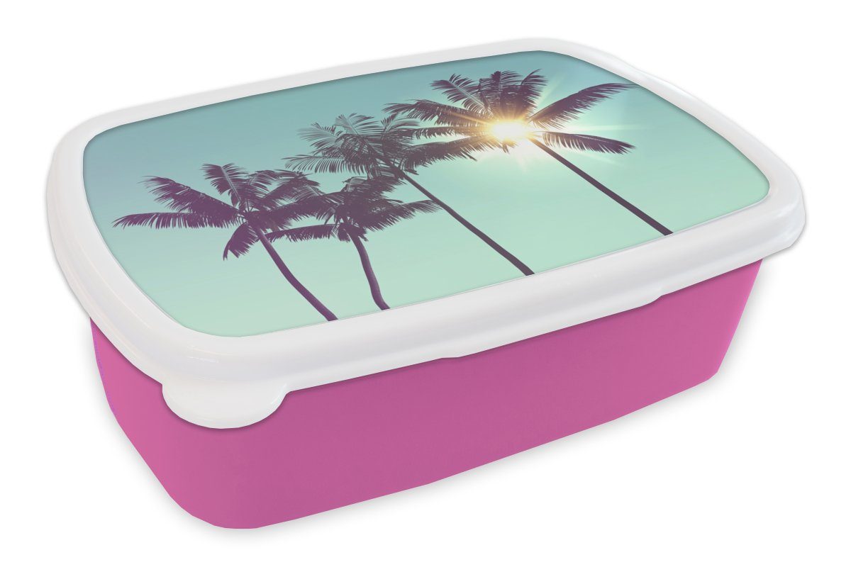 MuchoWow Lunchbox Palmen rosa Kunststoff Brotdose Brotbox - Sonne, (2-tlg), Snackbox, Erwachsene, für Kunststoff, Kinder, Mädchen, Sommer 