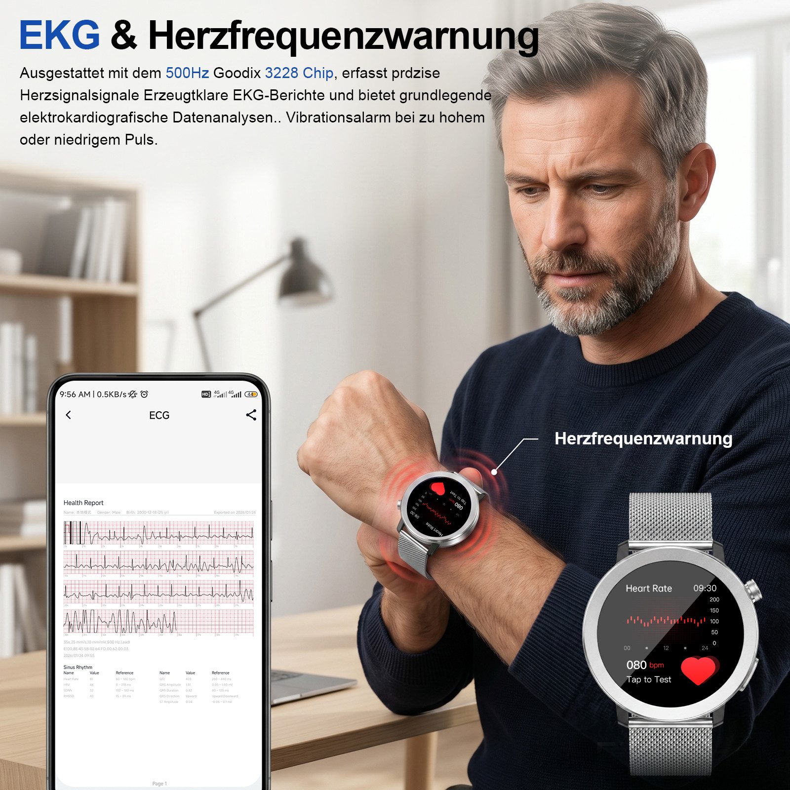 ANYSUN Smartwatch Herren Damen,Fitness Tracker Uhr mit Telefonfunktion Smartwatch (4,1 cm/1,46 Zoll) Gesundheitsuhr mit EKG+HRV/Blutdruckmessung/BMI, mit SOS-Notruf, IP68 100+ Sportmodi,24/7 Herzfrequenz/Schlafmonitor/SpO2, Android/iOS