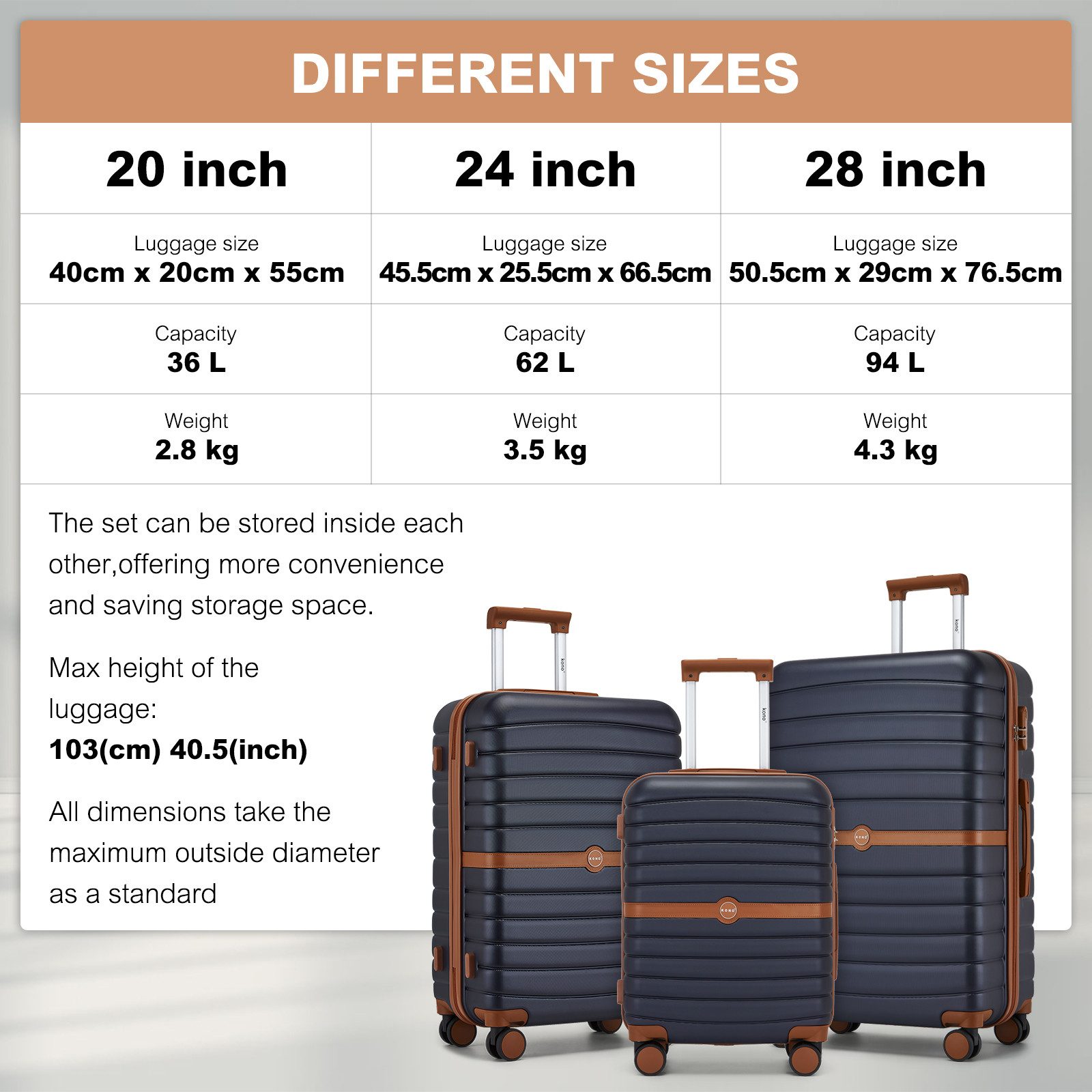 KONO Kofferset Hartschalenkoffer (55/66,5/76,5 cm Hoch)+Kabinentasche günstig online kaufen
