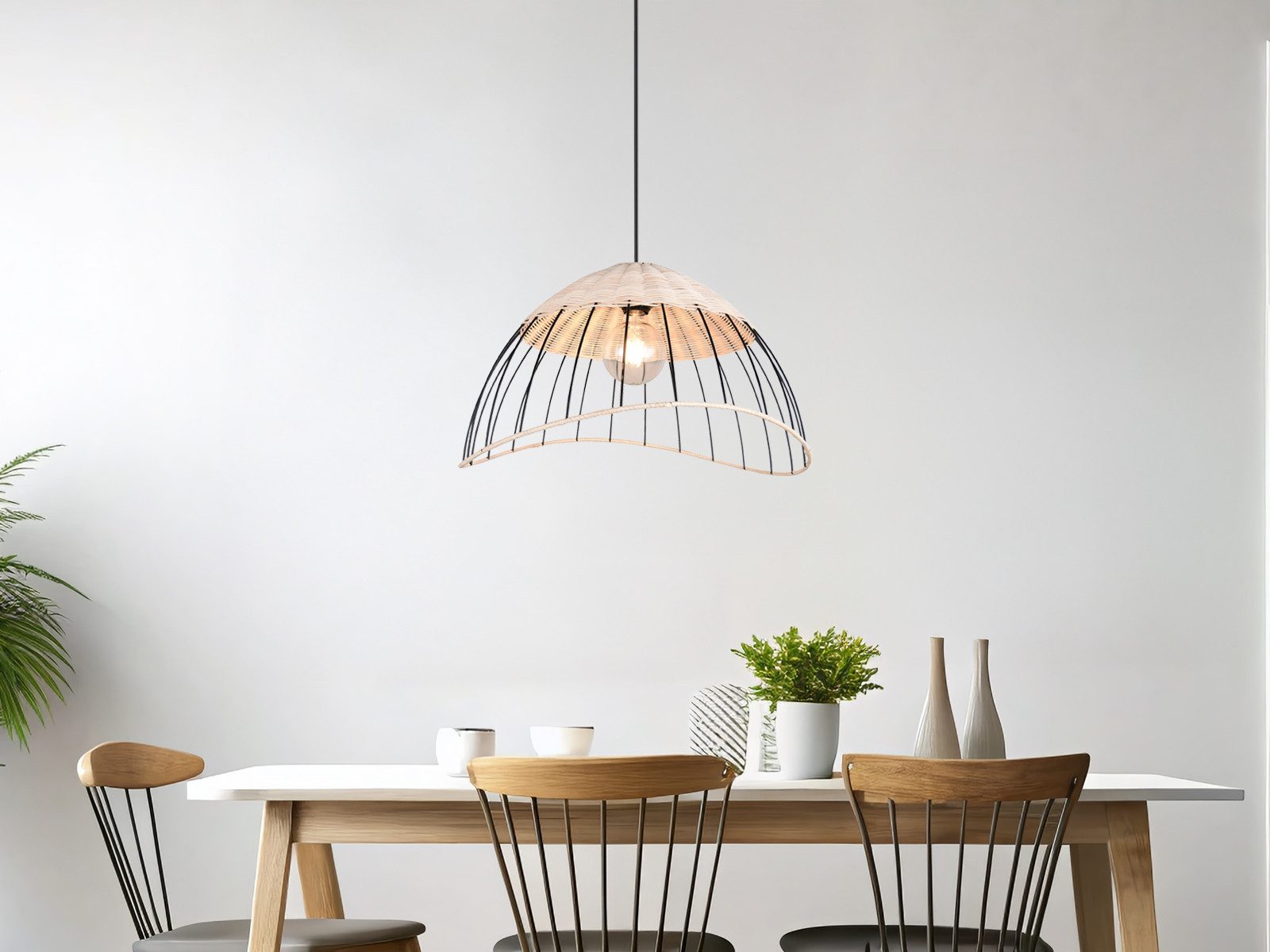 Reality Leuchten LED Pendelleuchte, Dimmfunktion, LED wechselbar, über Lichtschalter in 3 Stufen dimmbar, warmweiß, Groß-e Rattan-lampe Lampenschirm geflochten hängend Esstisch, Ø 48cm