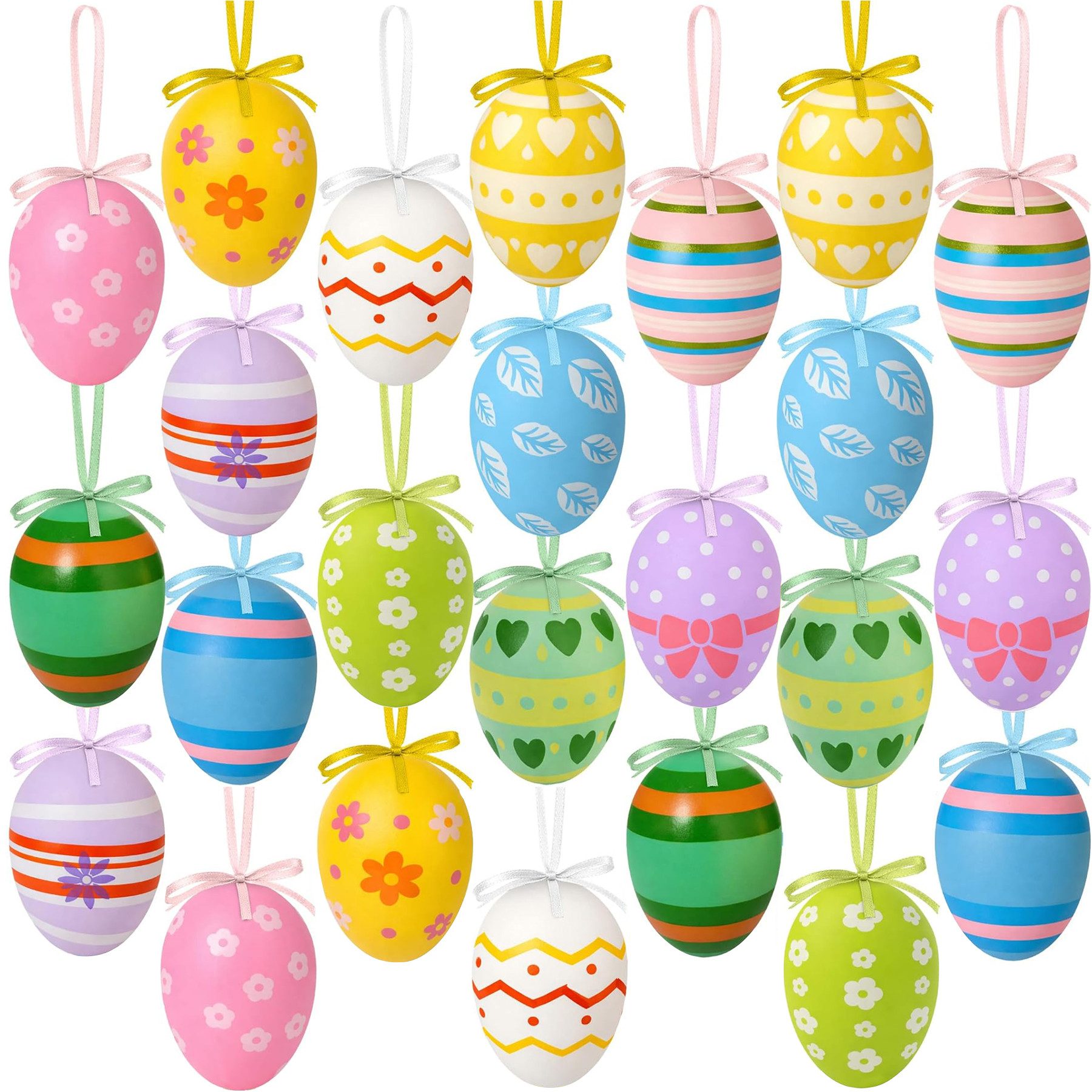 Mutig Osterei Ostereier zum Aufhängen,24 Stück Ostereier aus Kunststoff (mit Schnur zum Aufhängen Gesprenkelte Hängedeko, Osterdeko in Schönen Pastellfarben), Deko Ostern für den Osterstrauß mit Motiv-Größe: 6 cm