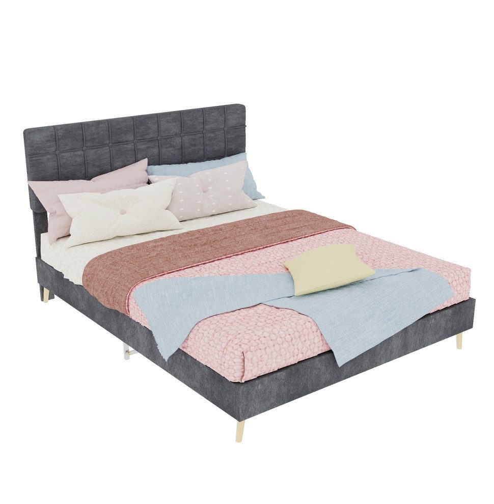 MODFU Polsterbett Doppelbett, ideal für kleine Haupt- oder Gästezimmer (modernes dunkelgraues Stoffbett mit leicht luxuriösem, kariertem, weich gepolstertem Kopfteil., 1-tlg., 140*200)