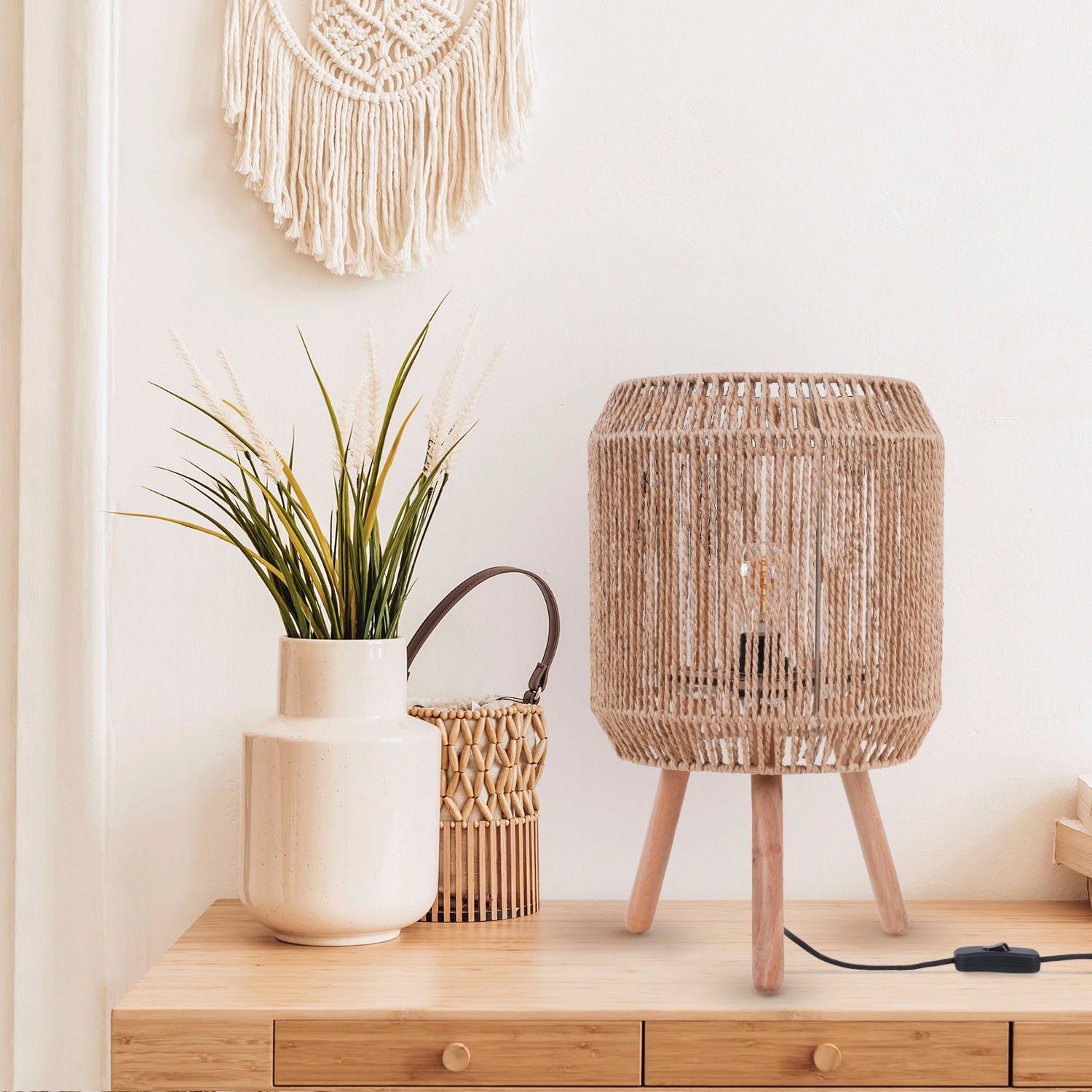 Boho ohne Korb Leuchtmittel, Deko SOL, Holz Lampenschirm Home Tischleuchte braun Paco E27