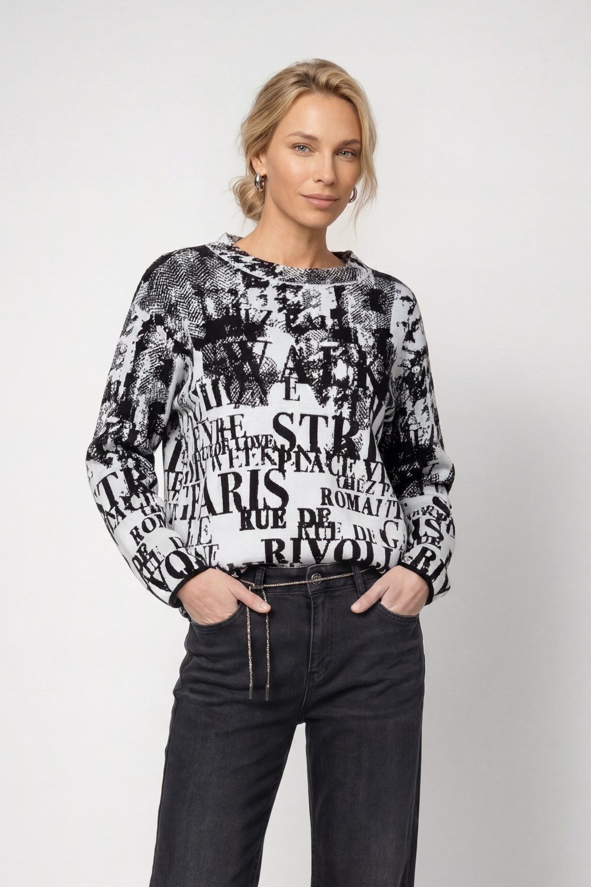 Monari Rundhalspullover Pullover Buchstabenjacquard Regular fit mit Rundhalsausschnitt