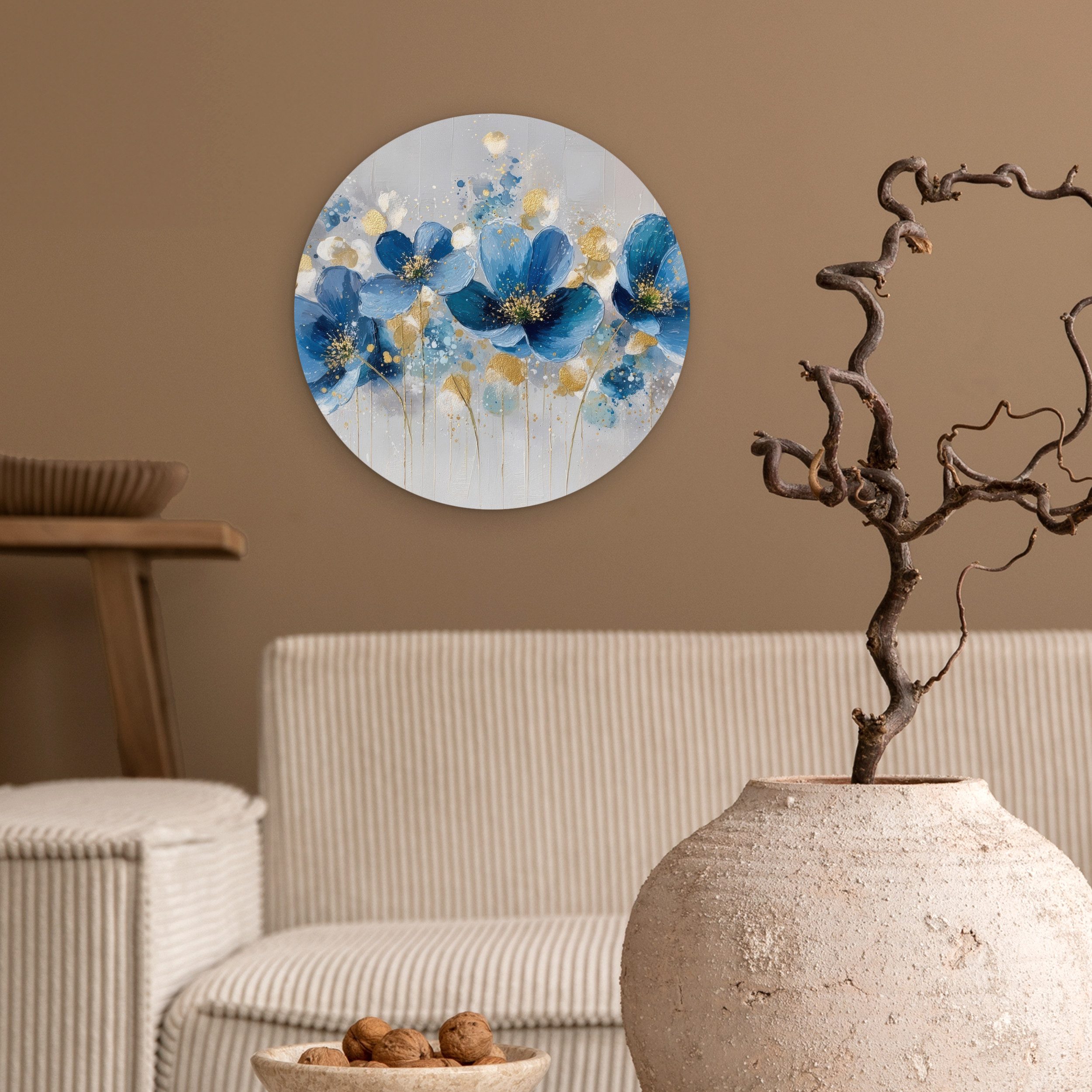 MuchoWow Gemälde Blumen - Blau - Abstrakt, Fotodruck (1 St), Kreis Wanddekoration, Rundes Wandbild, 30x30 cm