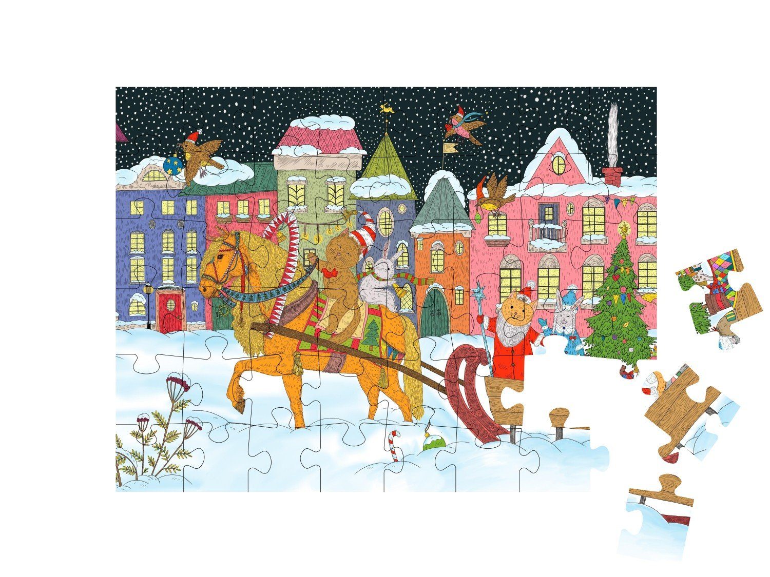 einem 48 Puzzle puzzleYOU Weihnachten Pferdeschlitten, und Puzzleteile, Weihnachtsmann auf Tiere puzzleYOU-Kollektionen