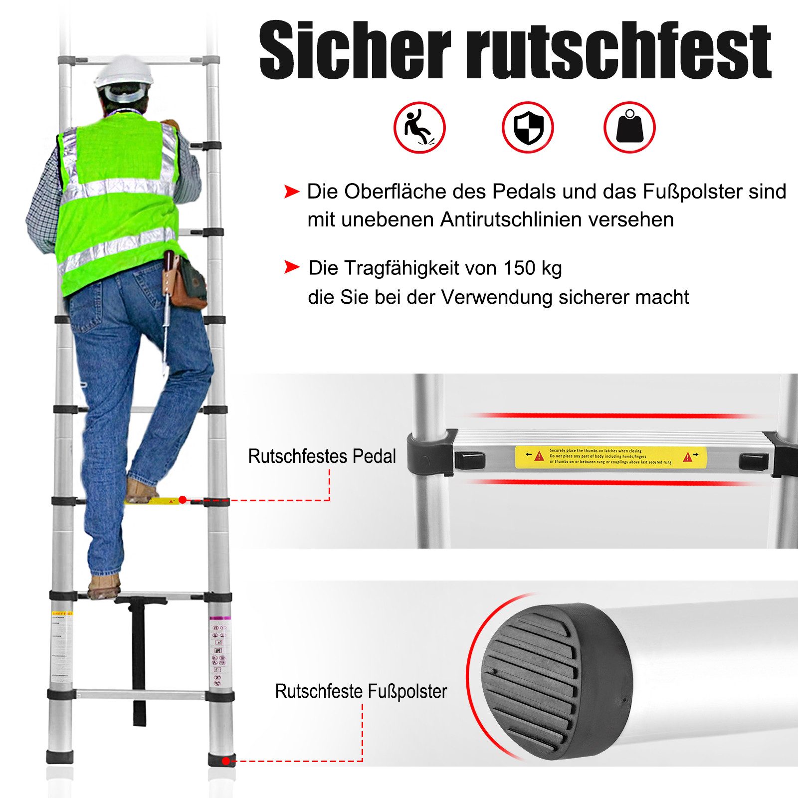 FIVMEN Teleskopleiter Ausziehbare Leiter Rutschfester Aluleiter Schiebeleiter, Ausziehleiter Aluminiumleiter Teleskop-Design Mehrzweckleiter – Bild 4 von 5