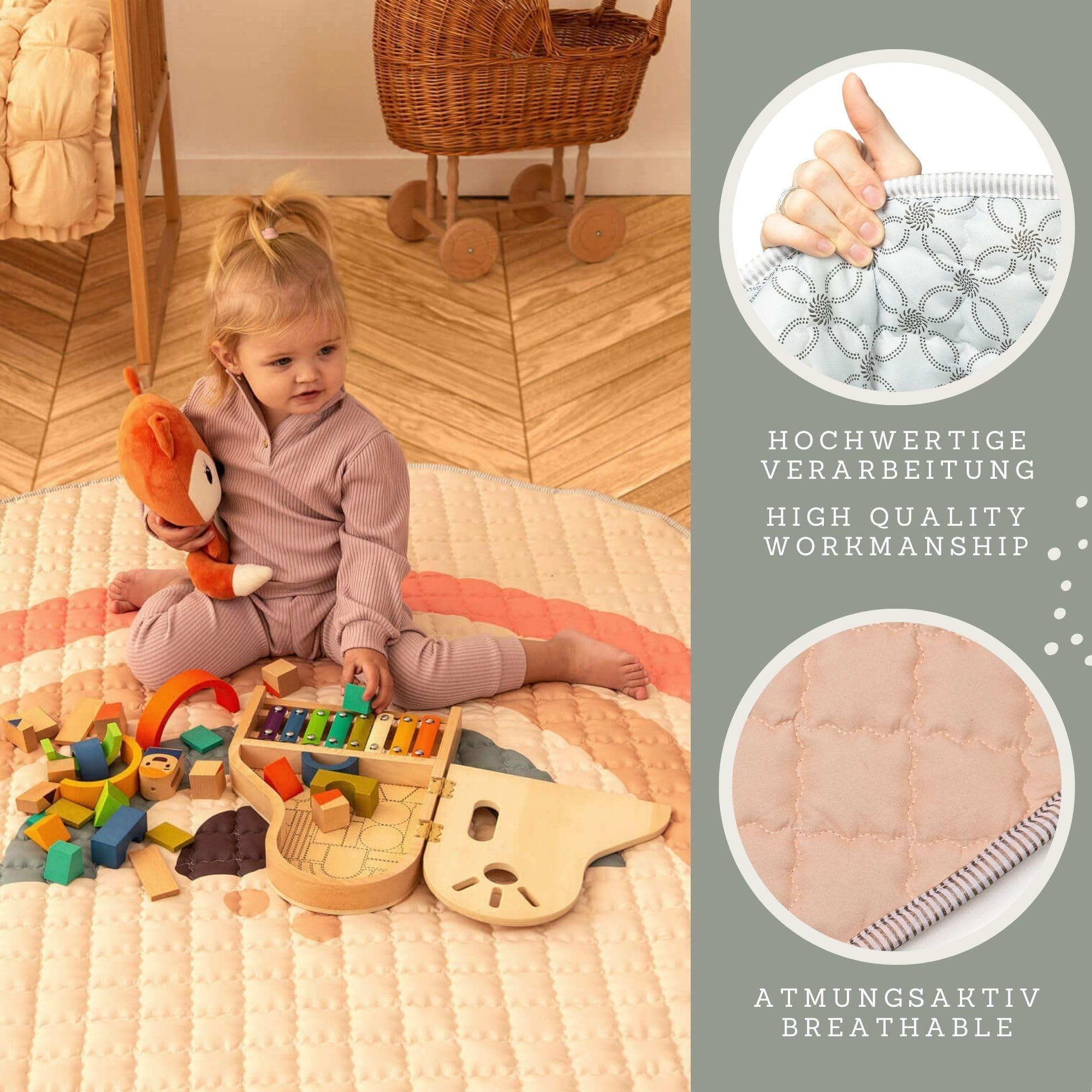 Krabbeldecke Gesteppte Baby 150cm – extra dicke 1,5cm weiche, Hakuna Matte, Spielmatte mit rutschfester Unterseite zum Krabbeln