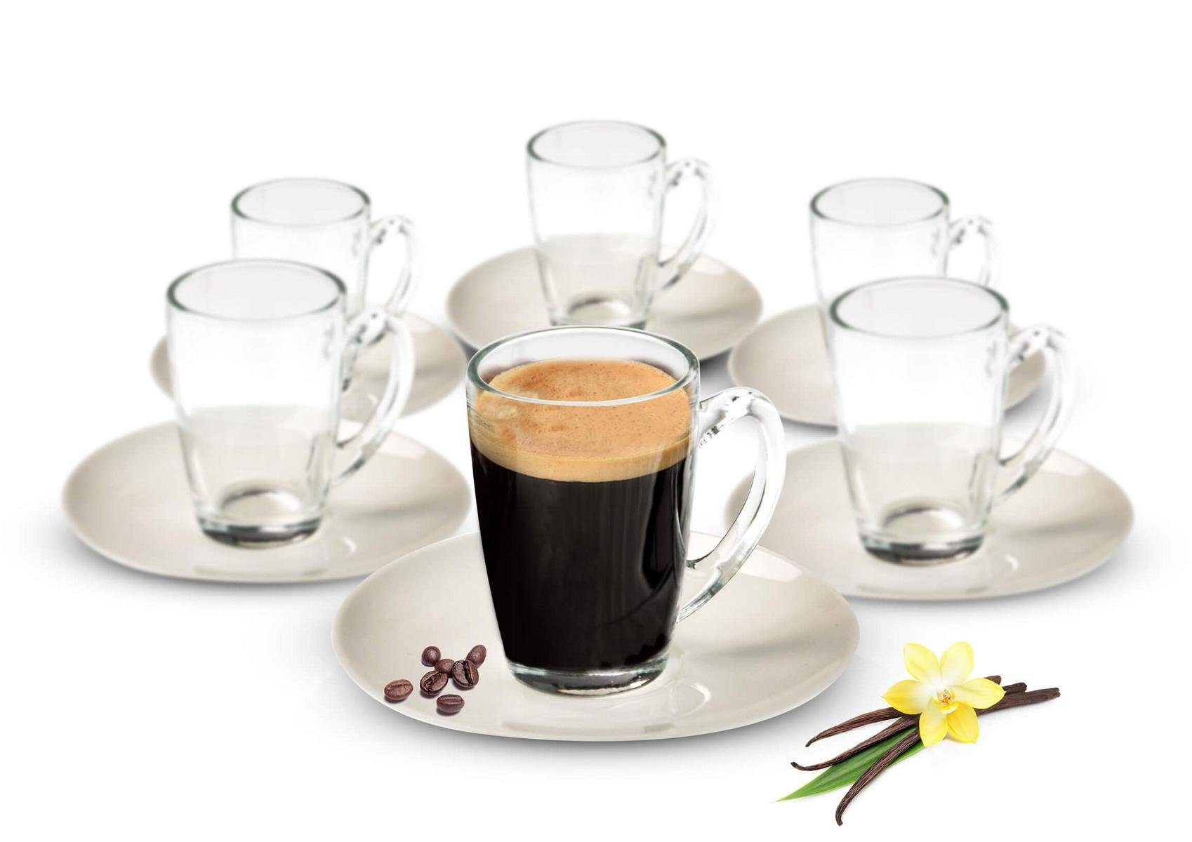 Sendez Espressotasse 12tlg Espressotassen mit Porzellan Teller Kaffeegläser Mokkatassen, Glas